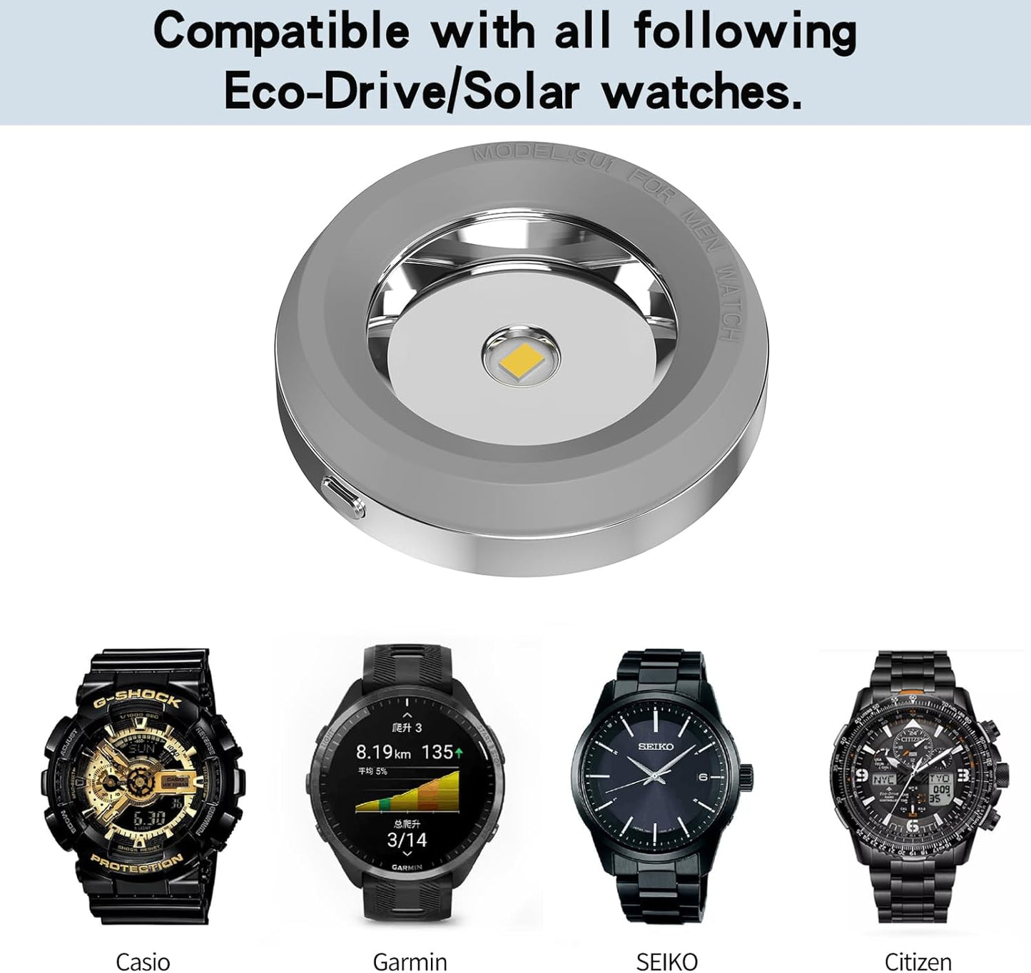 Solar Watch Rapid Charger - Wristwatch, Solar Charger, Metal Base, 9 Hour Time Off, Fast Dissipation, Solar Power Portable Charger, Compatible with Casio, Citizen, Seiko, Garmin Compatible with Solar