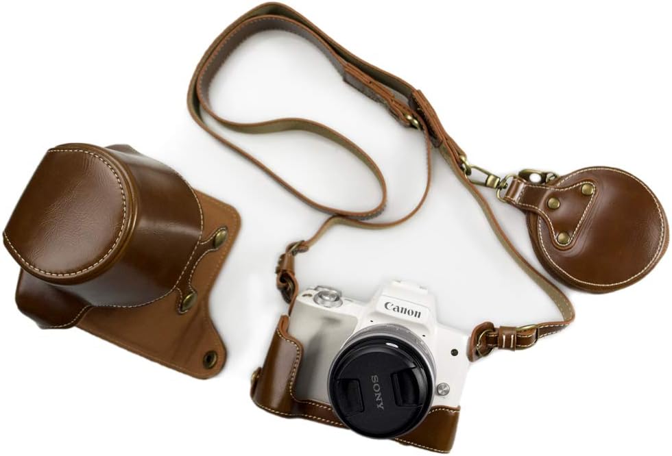 kinokoo Camera Bag for Canon EOS Kiss M/EOS Kiss M2/EOS M50/EOS M50 Mark 2 Camera Bag for 15-45mm Lens Replacement Battery Tripod Screw Hole PU Leather Full Protection with Shoulder Strap (Brown)