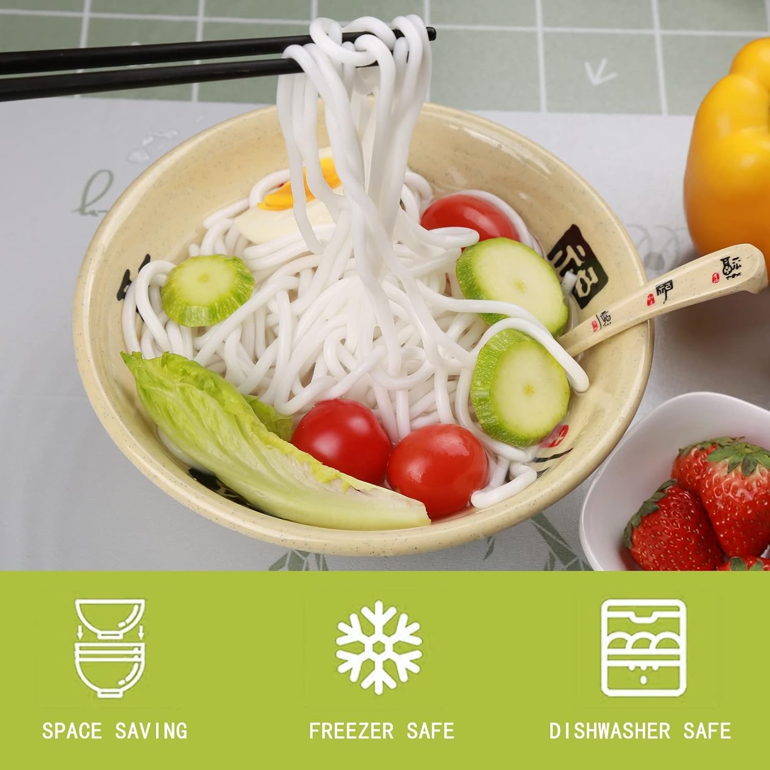 Melamine Ramen Bowl Chinese Japanese Style Soup Bowl Ramen Japanese Ramen Bowl, Instant Ramen Bowl, For Udon, Soba, Fo, Noodles, Breakfast, Melamine Material, Soup Bowl, Ramen, Asian Cooking (Color: A-6 sets/beige, Size: 7 inches)