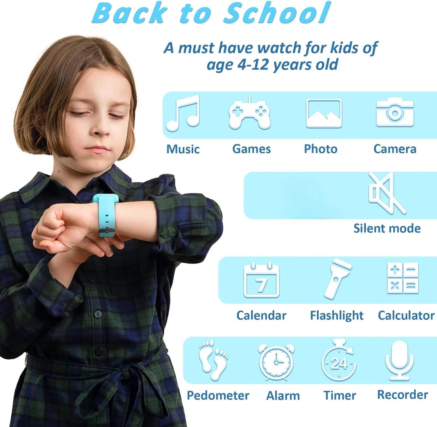 AYATAHA® Kids Wristwatch, Smart Watch, for Kids, Selfie Camera, Photo, Games, Music Playback, Cute Alarm Clock, Alarm, Pedometer, Calories, Recording, Children's Day, Kindergarten, School Entrance