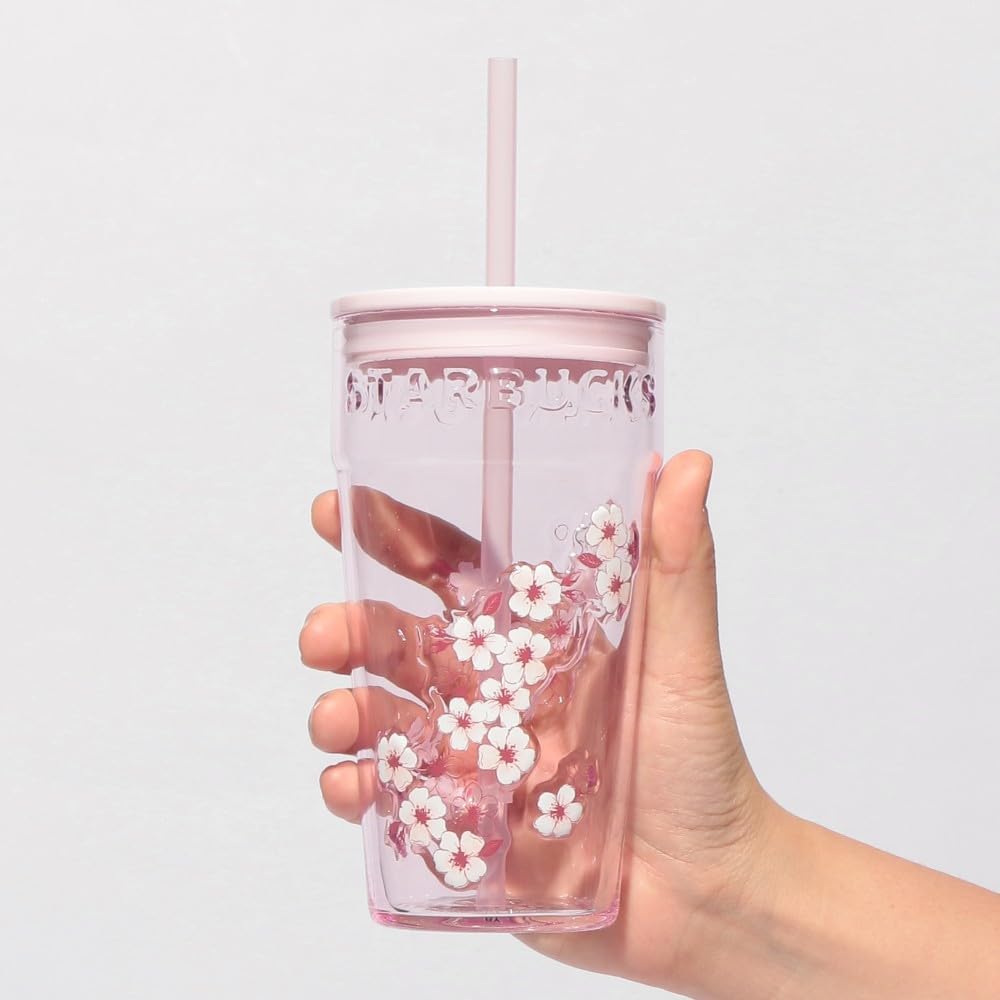 Starbucks SAKURA 2026 Vaso de cristal, rosa, 16.0 fl oz, con pajita