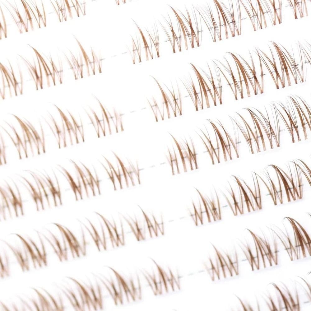 Coffee color individual false eyelashes cluster, long natural false eyelashes, soft transparent stem false eyelashes, invisible bands, handmade eye makeup tools