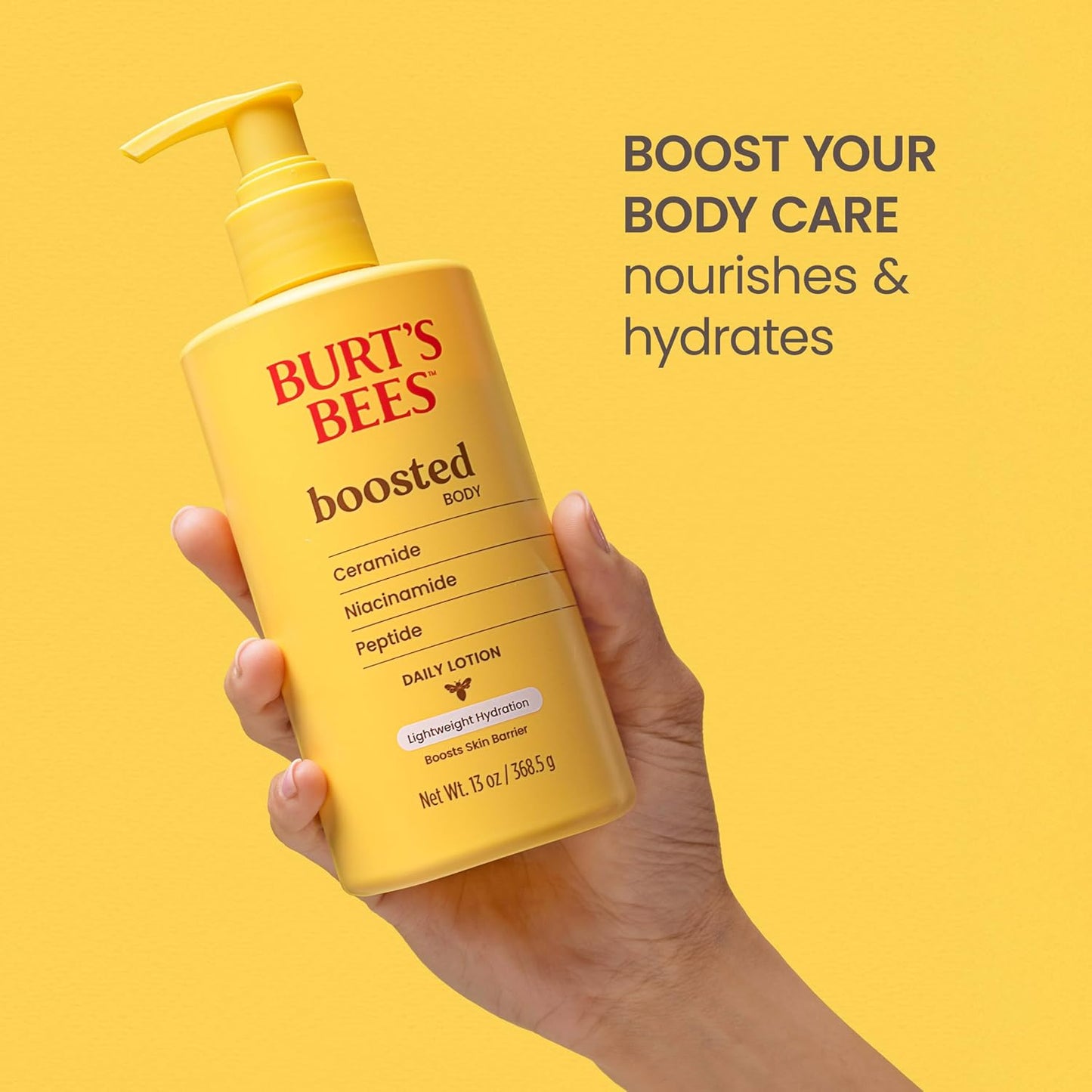 Burt's Bees Loción corporal potenciada, con un complejo de ceramida, niacinamida y péptidos, loción diaria ligera que ayuda a aumentar la barrera cutánea, aroma tropical, botella de 13 onzas