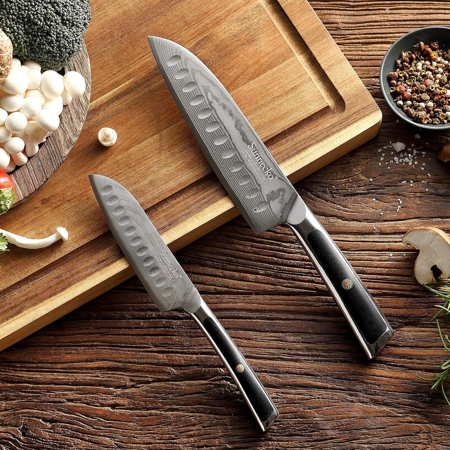Sunnecko Knife Set, Santoku Knife, Small Santoku, 7.1 inches (180 mm), 5.1 inches (130 mm), Damascus, 73 Layers, Stainless Steel, For Home Use, Commercial Use, Kitchen Knife, Paring Knife, All Purpose Knife, Vegetables, Meat, Fish, Gyu Sword, Gift