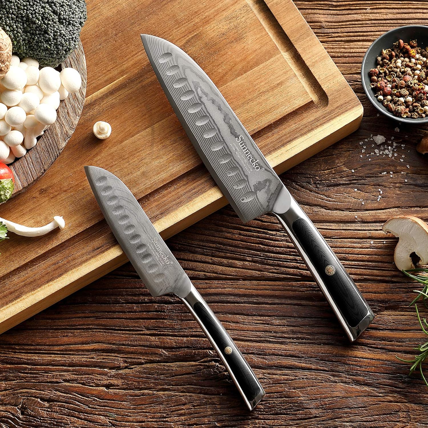 Sunnecko Knife Set, Santoku Knife, Small Santoku, 7.1 inches (180 mm), 5.1 inches (130 mm), Damascus, 73 Layers, Stainless Steel, For Home Use, Commercial Use, Kitchen Knife, Paring Knife, All Purpose Knife, Vegetables, Meat, Fish, Gyu Sword, Gift