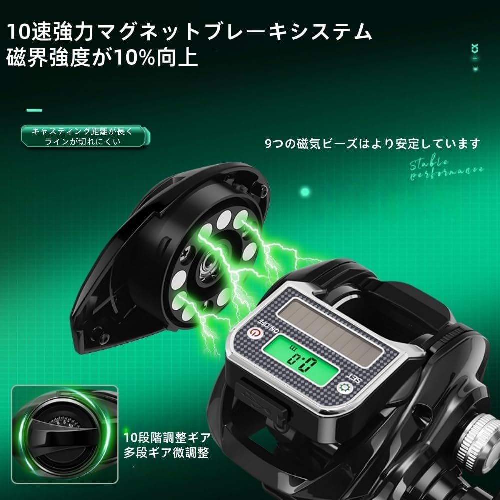 Electric Bait Fishing Reel, Gear Ratio Digital Fishing Reel, USB and Solar Powered, Accurate Line Counter, Bite Alarm Function, 10 Speed 7:3 Gear Ratio, Strong Magnetic Brake, Super Lug Power