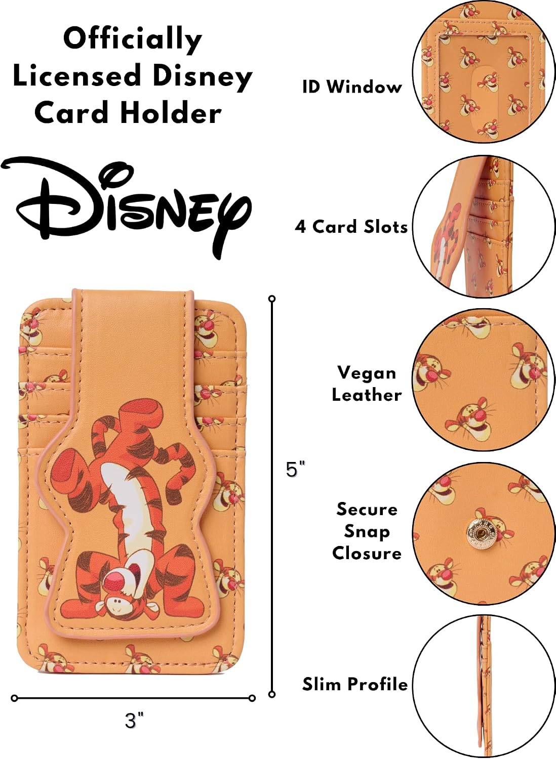 Disney Tarjetero para mujer, delgada, compacta, cartera, crédito, pequeño viaje a presión, Tigger Naranja, Tarjetero