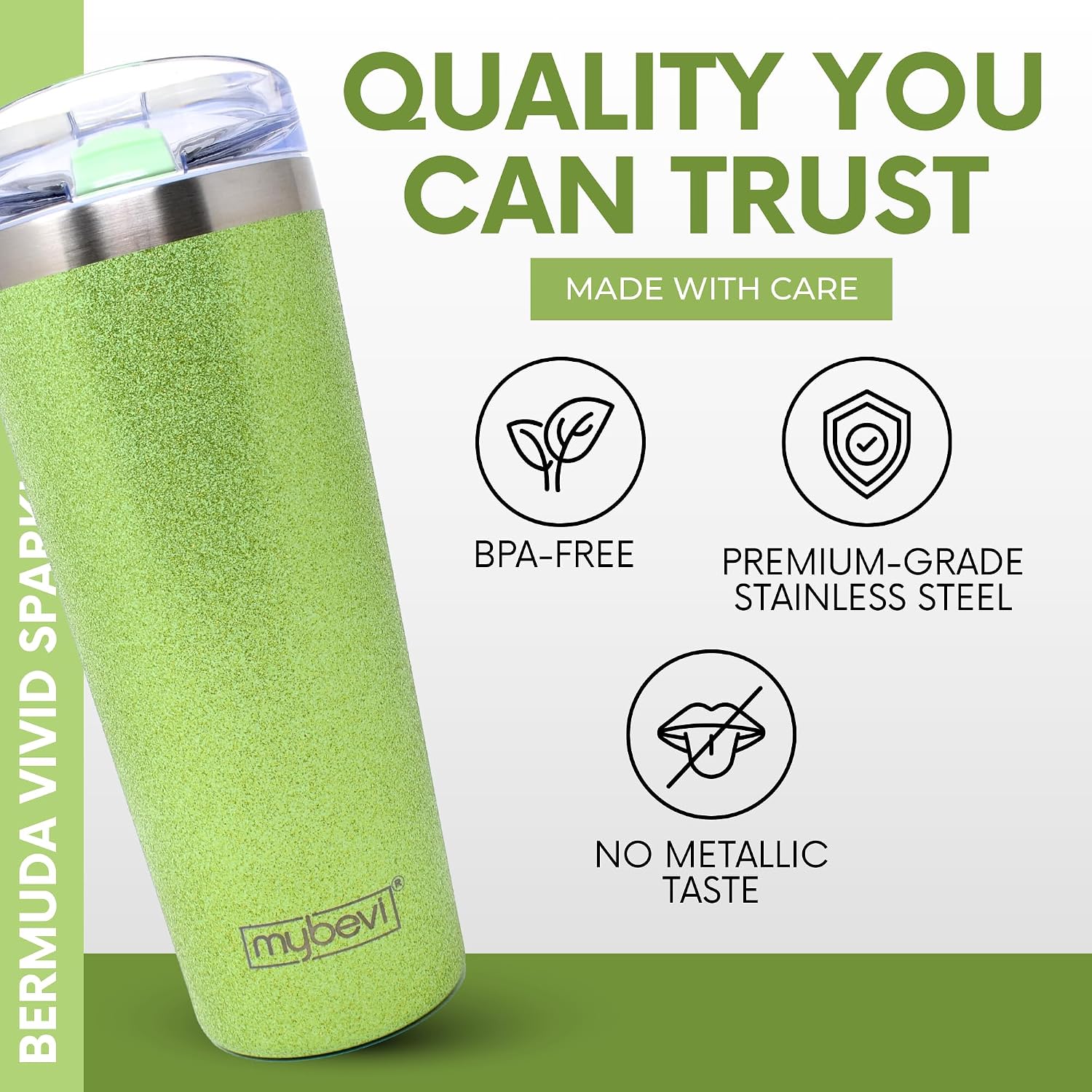 MyBevi Bermuda Vivid Sparkle - Vaso de acero inoxidable aislado con tapa, doble pared sellada al vacío, taza de viaje apta para soportes de automóvil, 20 onzas, verde menta