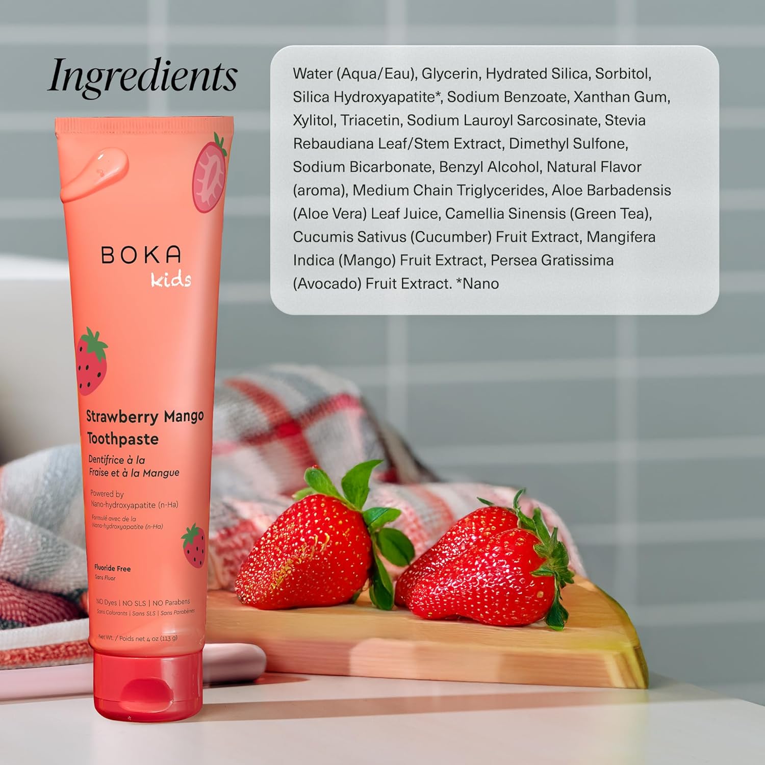 Boka Pasta de dientes sin flúor Nano Hydroxiapatite Pasta de dientes - Sabor fresa y mango, 4 oz 1 paquete
