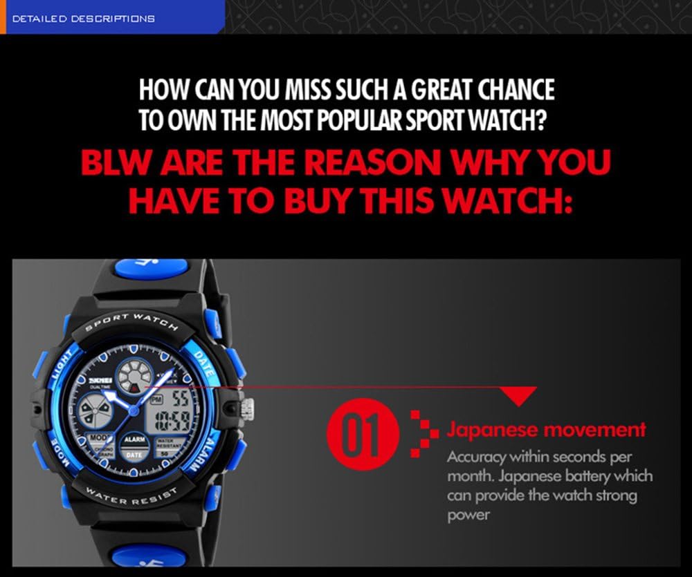 fngeen KidsスポーツウォッチLEDライトアナログデジタル防水アラームWatch for Boys ブラック