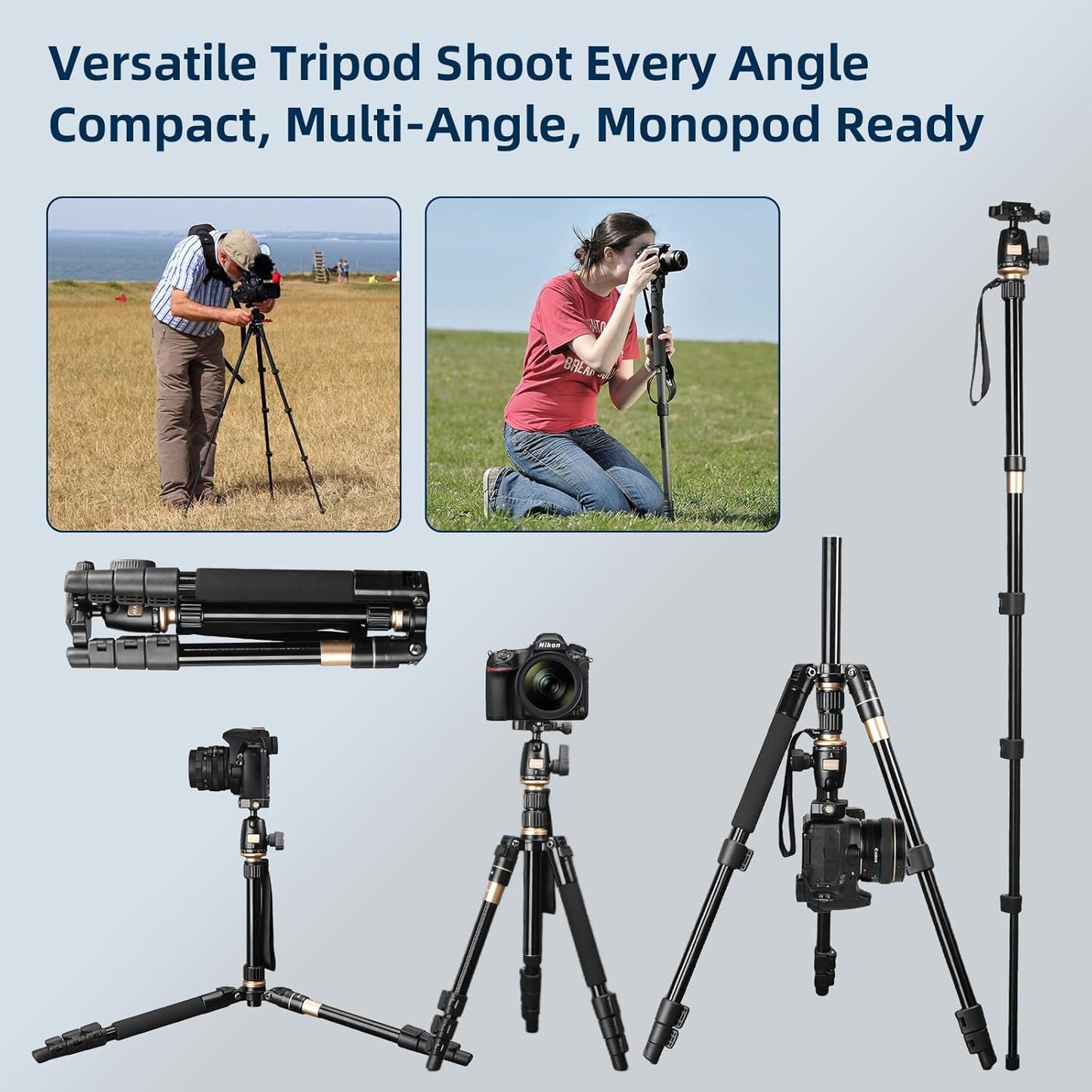 AFAITH Camera Tripod, Travel Tripod, 360 Degree Ball Head Monopod, Adjustable Monopod, 4 Tiers, Height 54.4 inches (139 cm), Length 14.4 inches (36.5 cm), Leg Diameter 9.4 inches (24 mm), Reverse