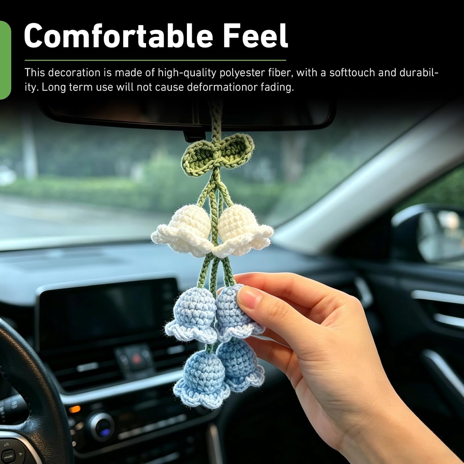 Car Mirror Lily Flower Hanging Ornament, Handmade Knitted Sweet Flower Design Rear View Mirror Pendant, Gradient Auto Interior Rearview Decor, Universal for Most Cars, SUVs, Trucks (Blue)