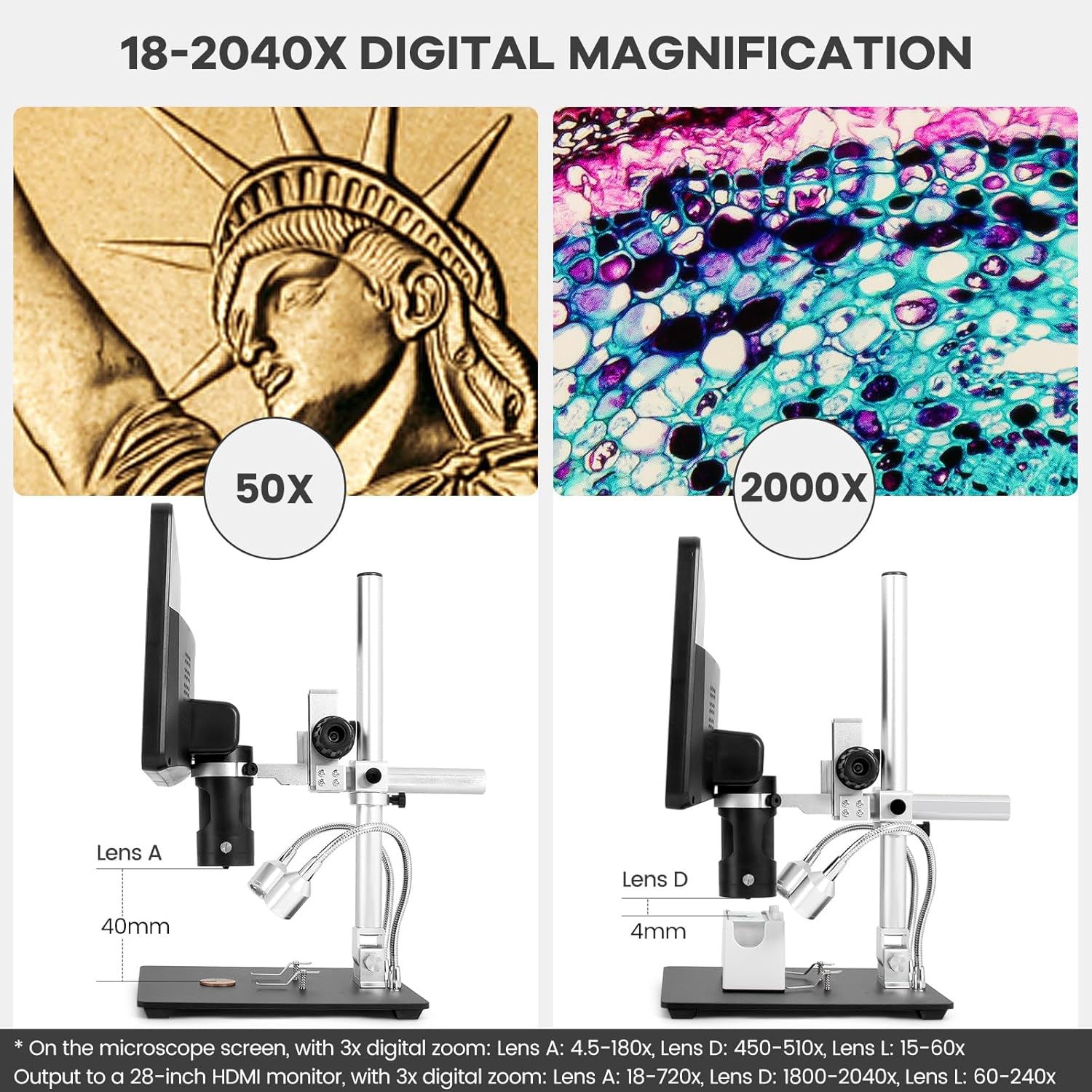 Andonstar AD249S HDMI Digital Microscope with 10.1" Screen, Soldering Microscope with Metal Stand, 2000X 3 Lens Coin Microscope Kit for Kids and Adults, Photo/Video Recording, Windows Compatible