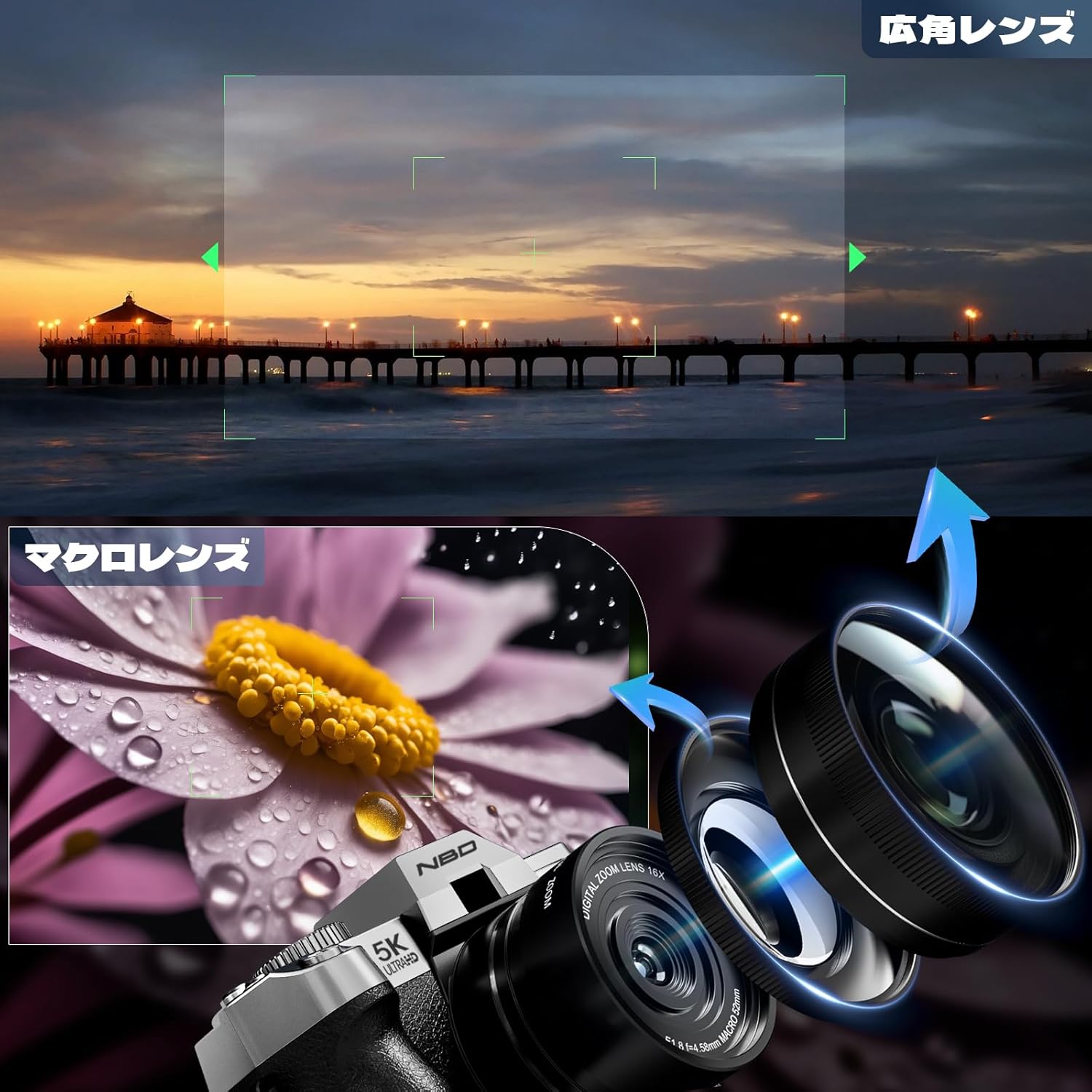 NBD 5K 48 Megapixel Digital Camera (2025 Model, New Color), 16x Zoom SLR Camera, 180° Flip Screen, Auto Focus, Image Stabilization, Wi-Fi and App Control, Macro + Wide Angle Lens & Webcam Functions