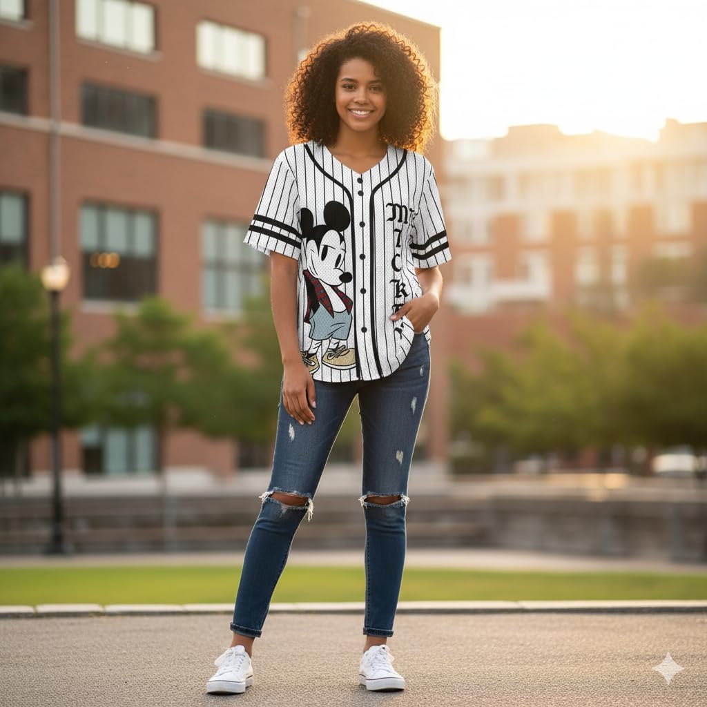 Disney Camiseta de béisbol con botones de Mickey Mouse y Pluto para mujer