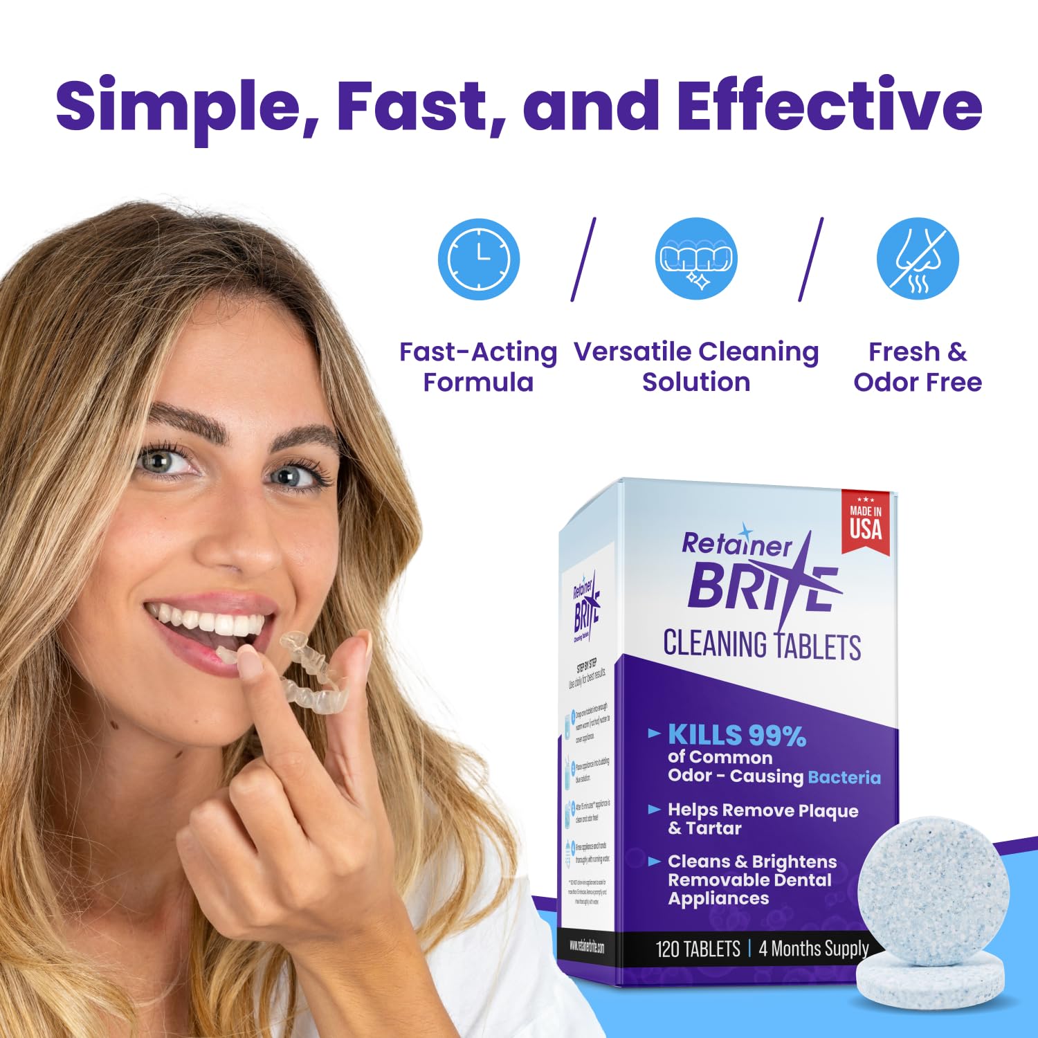 Retainer Brite - Tabletas limpiadoras de retenedores para Invisalign, limpiador bucal, limpieza nocturna y más. Tabletas de limpieza para limpiadores ultrasónicos. 120 tabletas - Suministro de 4 meses