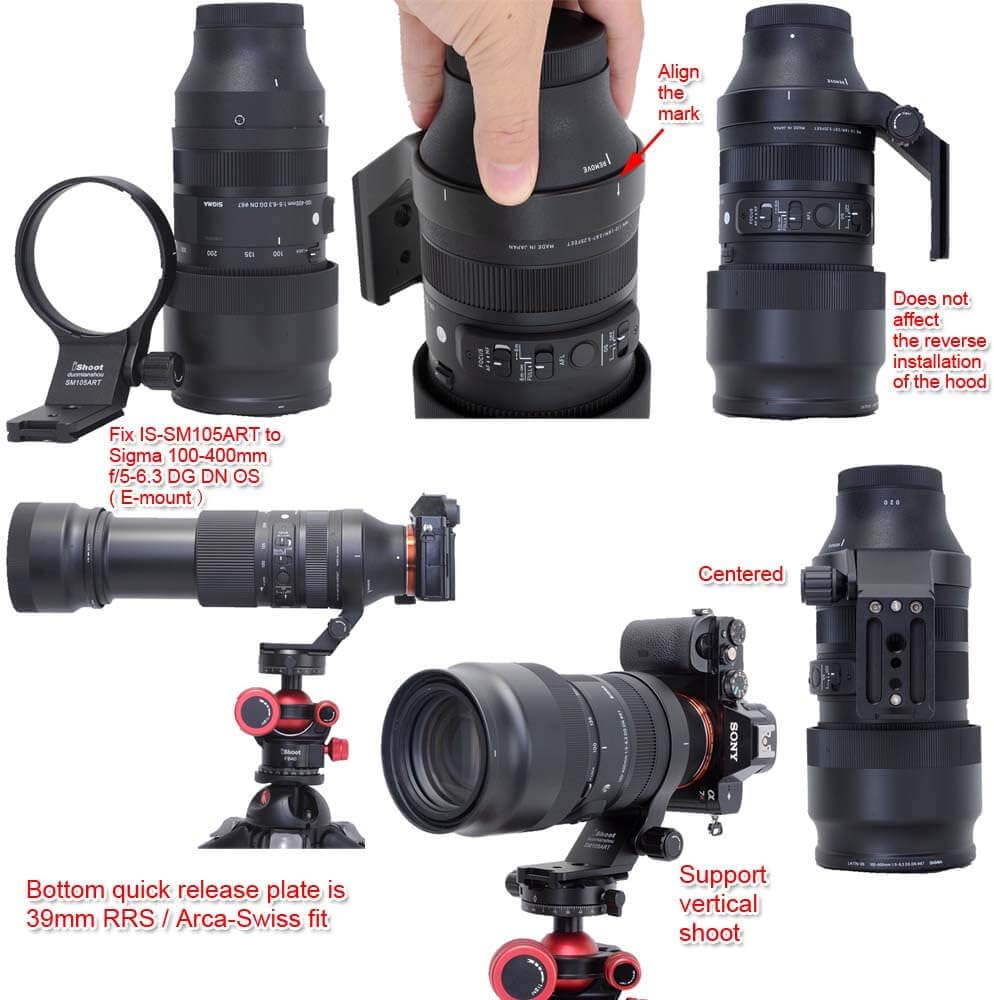 iShoot Metal Camera Ring Tripod Mount Ring, Lens Support Collar, Lens Bracket Collar, Tripod Socket, For Sigma Sigma 105mm F1.4 DG HSM Art & 100-400mm F5-6.3 DG DN OS, Bottom is 1/4 3/8 Screw Hole