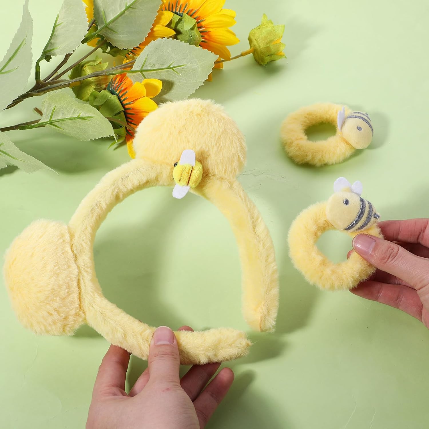 Ptwola 3 Pack Yellow Bear Ears Headbands Cute Headbands for Party Makeup Face Wash Accessories for Halloween Festival Cosplay Party