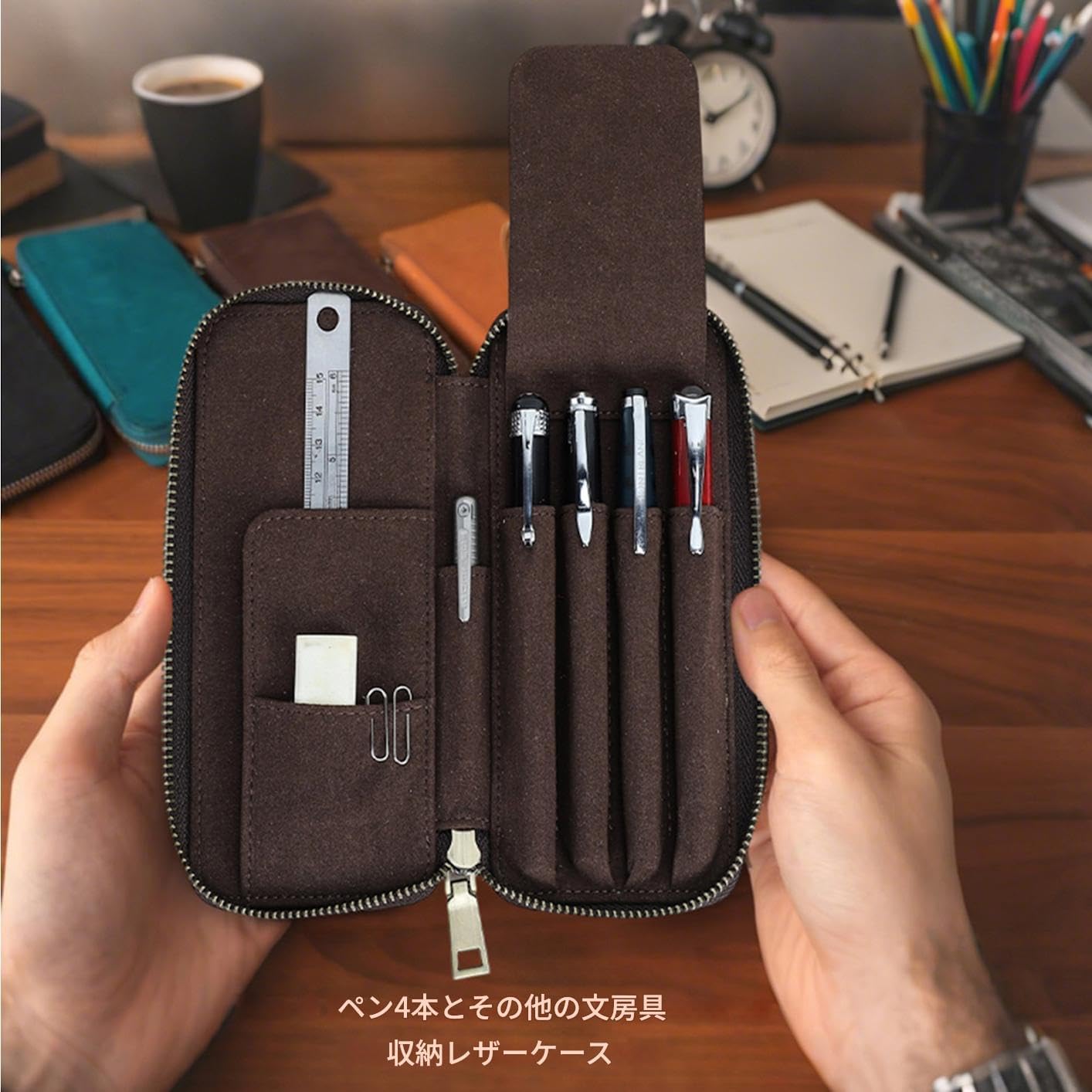 Contact's family Crazy Horse Leather Multi Stationery Pouch - Hand Sewing Craftsmanship Small Leather Pencil Case 4 Pen Holder Pencil Lead Holder with ID Pocket