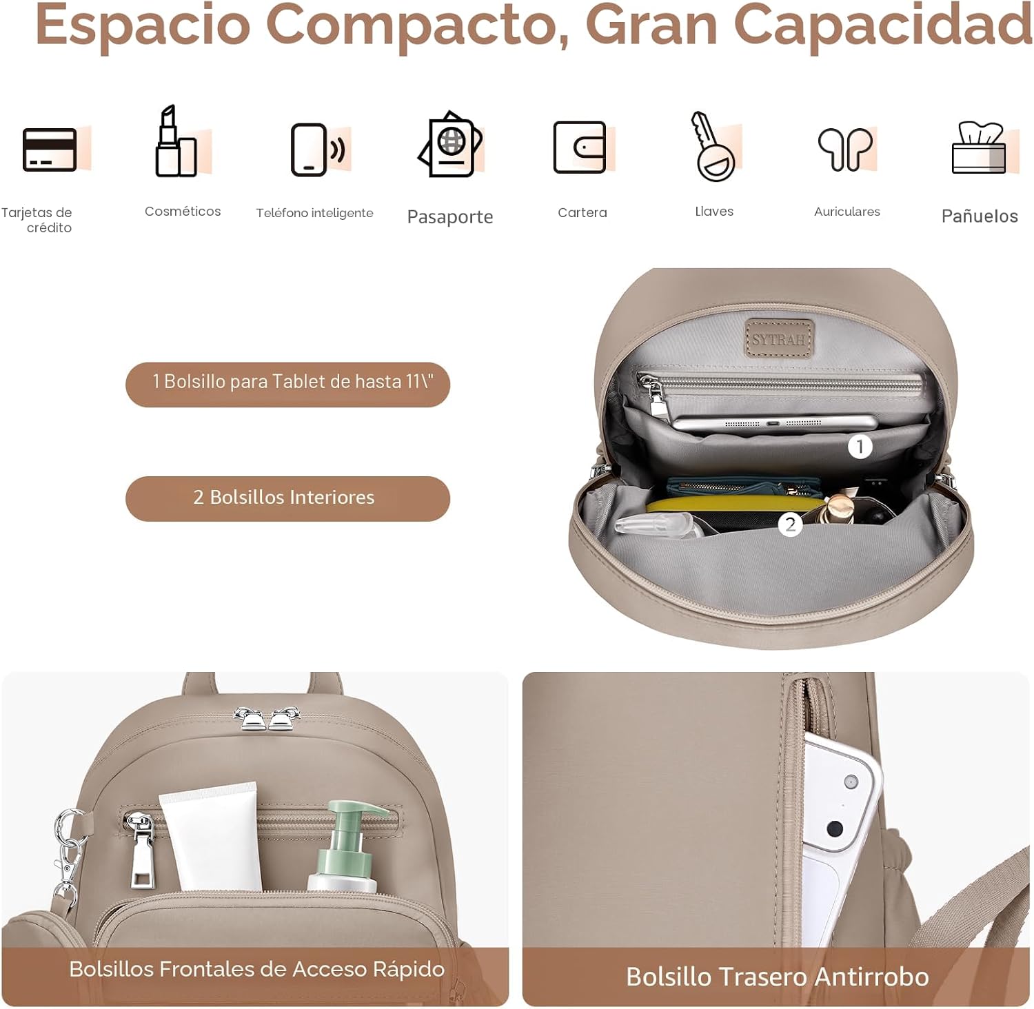 SYTRAH - Mochila antirrobo para mujer, mochila de viaje acolchada impermeable con cremalleras de bloqueo y monedero, mochila acolchada compacta para el trabajo, viajes y aeropuerto, elegante y ligera caqui