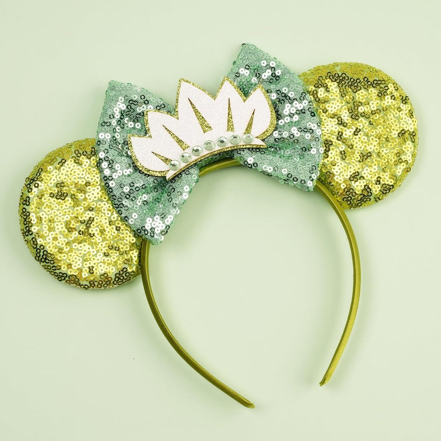bianbaistar Diadema de orejas de ratón con lentejuelas verdes encantadas con corona de hojas, accesorio inspirado en princesas para parques temáticos y celebraciones reales