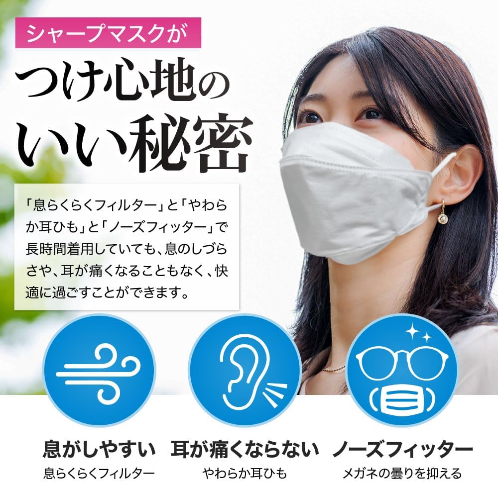 SHARP Official COCORO STORE Non-woven Mask, 15 Pieces, Regular Size, Made in Japan, Sharp Crystal Mask, Inorganic (Silver), Antibacterial Agent, Mask, 3D Crystal Shape, Individually Packaged, Soft