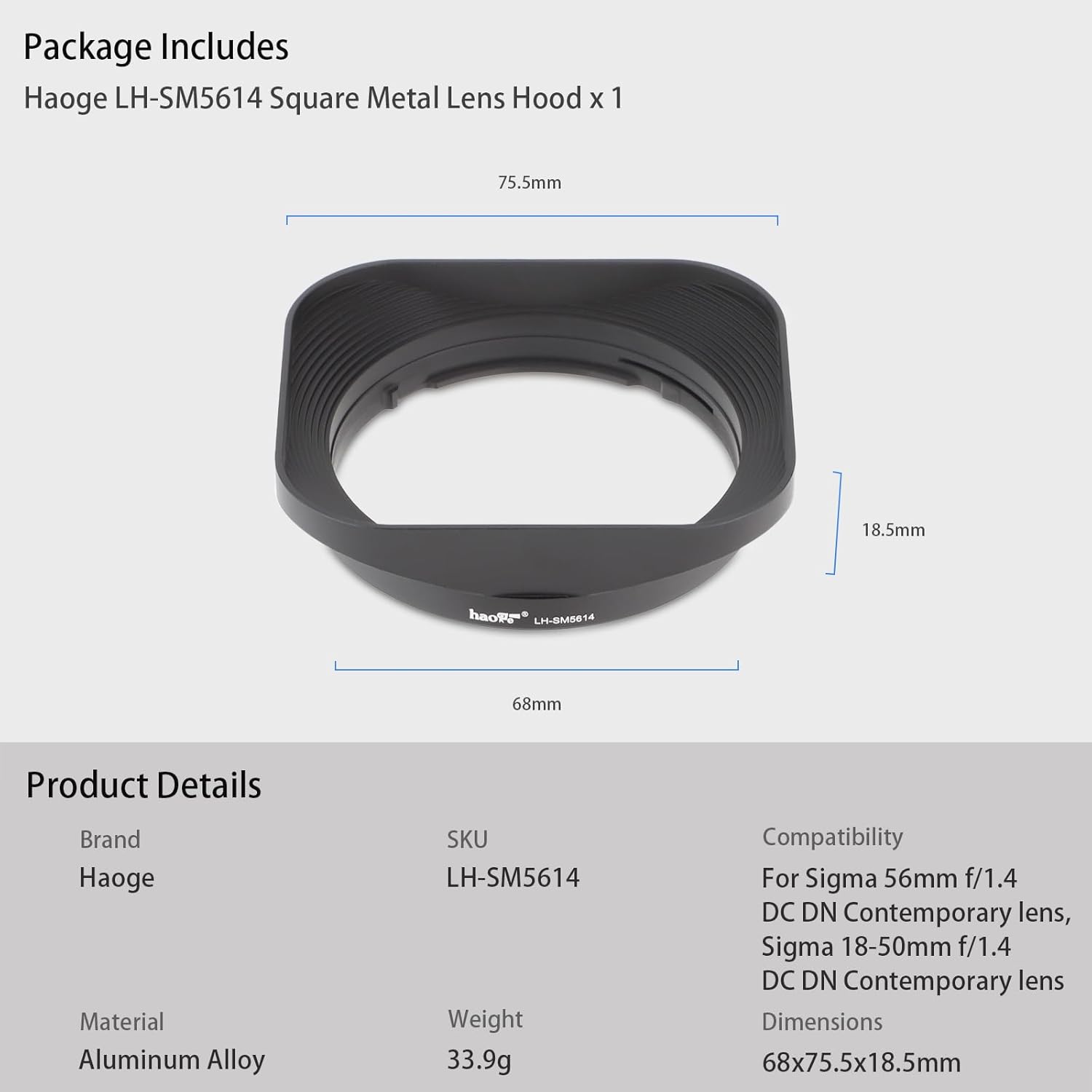 Haoge Bayonet Square Metal Lens Hood for Sigma 56mm F1.4, 18-50mm F2.8 DC DN | For Contemporary Lenses, LH-SM5614