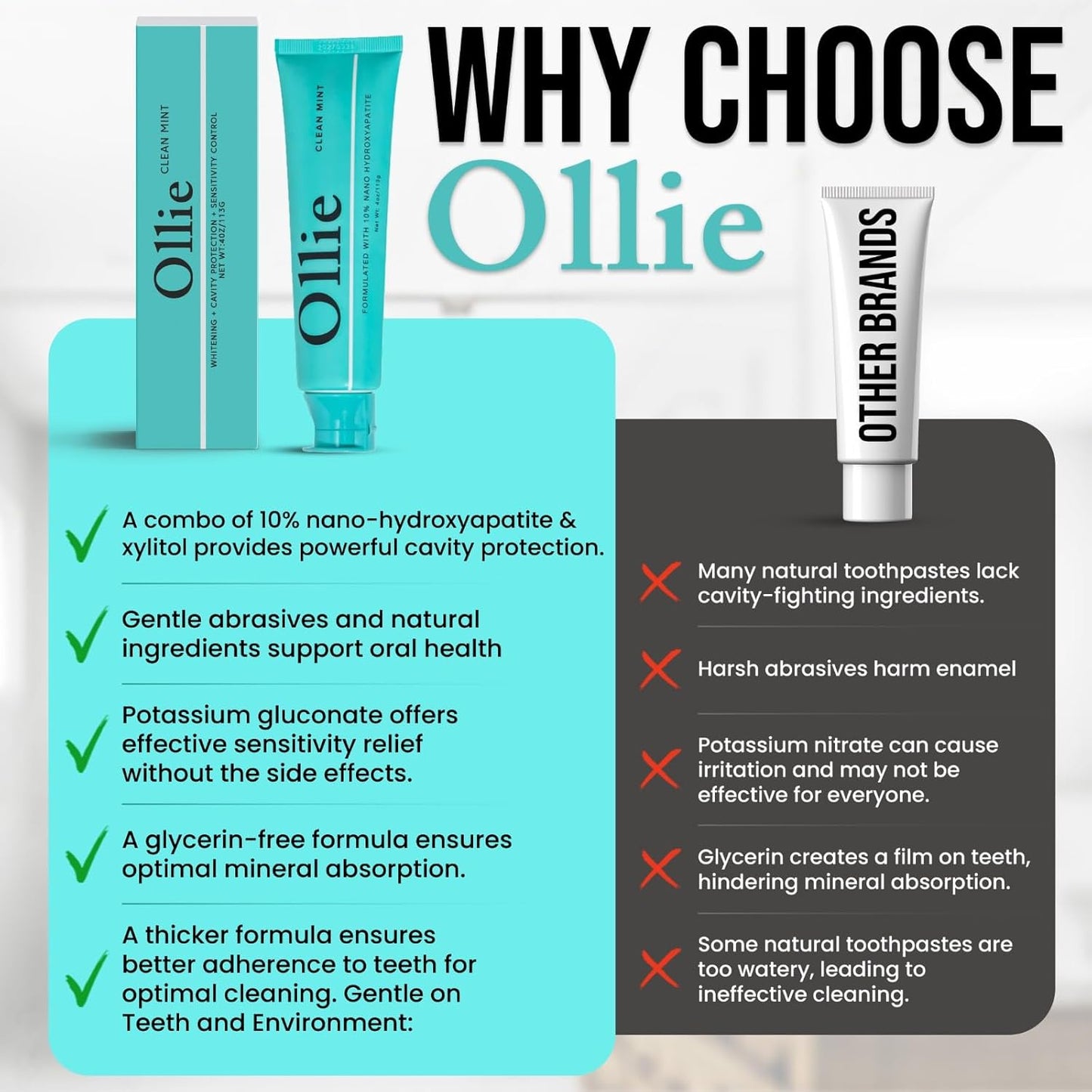 Ollie Pasta de dientes 10% Nano hidroxiapatita sin flúor para esmalte remineralizante, dientes sensibles y blanqueamiento, menta limpia, 4 onzas (paquete de 1)