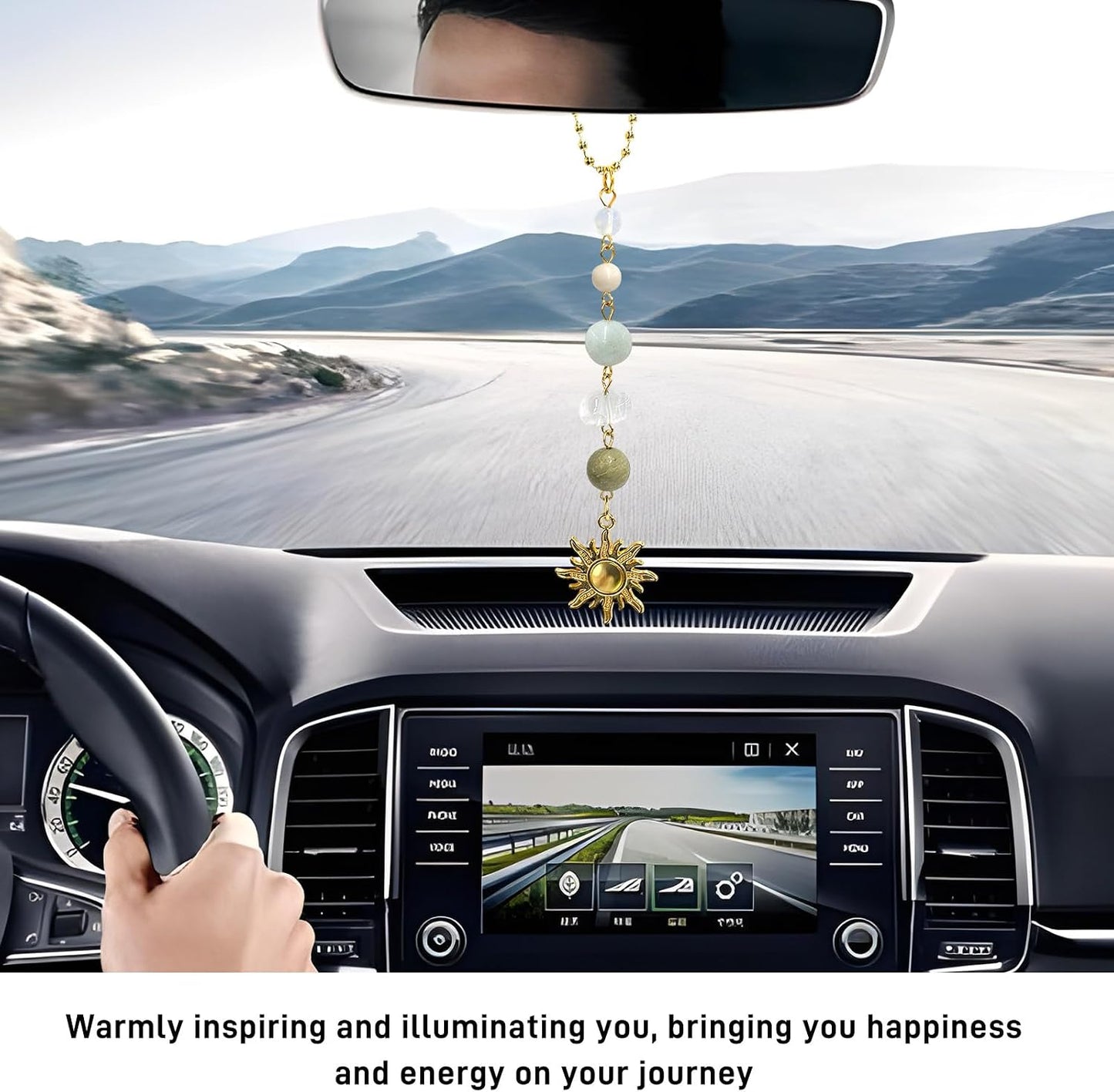 Sun Hanging Car Charm, Cute Boho Dangling Auto Rear View Mirror Pendant Sun Decor, Handmade Vehicle Mirror Hanging Ornament with Healing Crystals Stones for Women Men (Green)