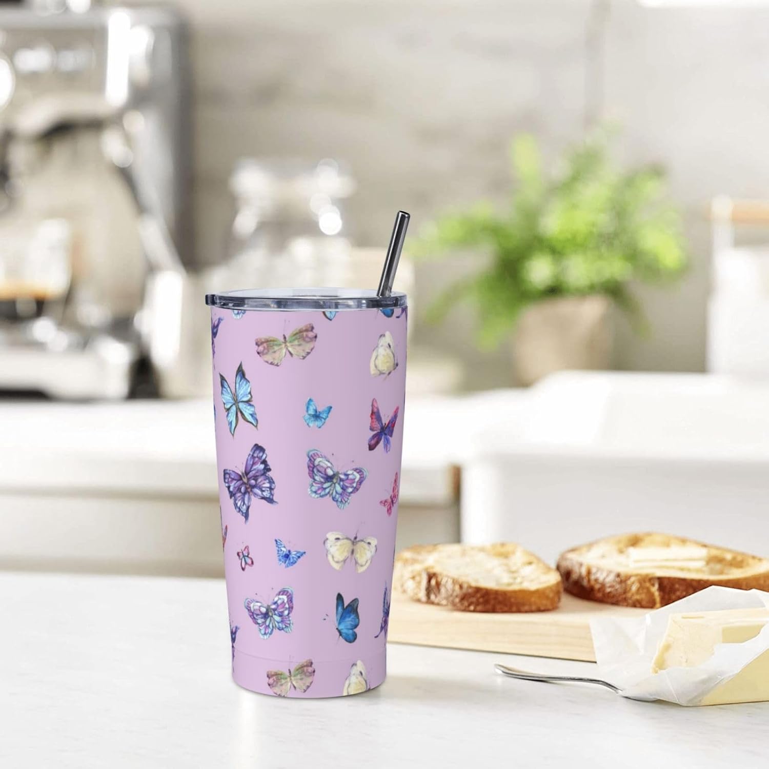 Vaso de mariposa púrpura con tapa y popote, taza de viaje aislada de acero inoxidable de 20 onzas, botella de agua caliente y fría, recuerdo de mariposa azul para hombres y mujeres