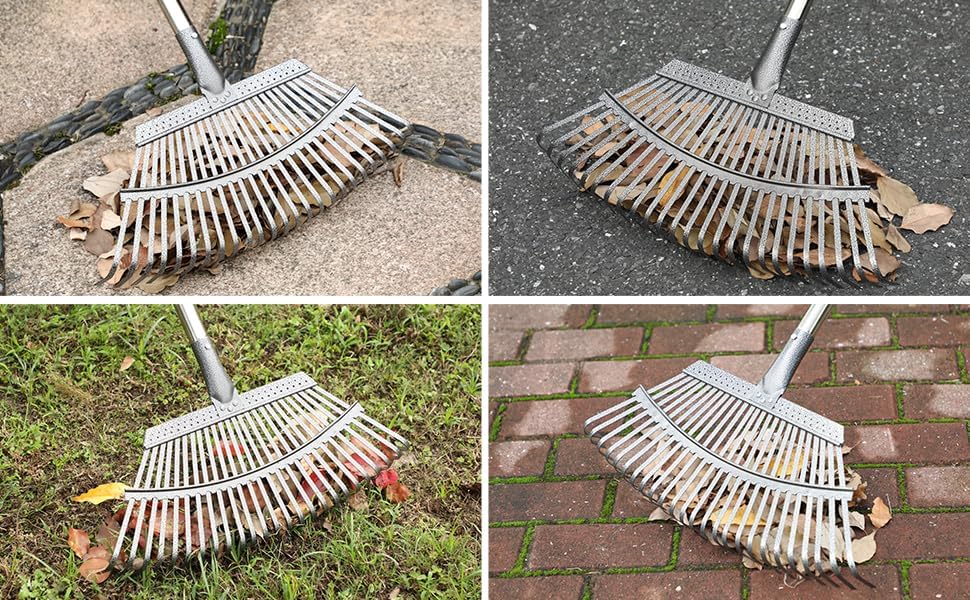 CLEANHOME Rake Garden Rake 25 Tines Adjustable Length 33.1-67.3 inches (84-171 cm) Leaf Sweeping Gardening/Grass Cutting/Lawn/Garden/Garden Cleaning Lightweight (Black)