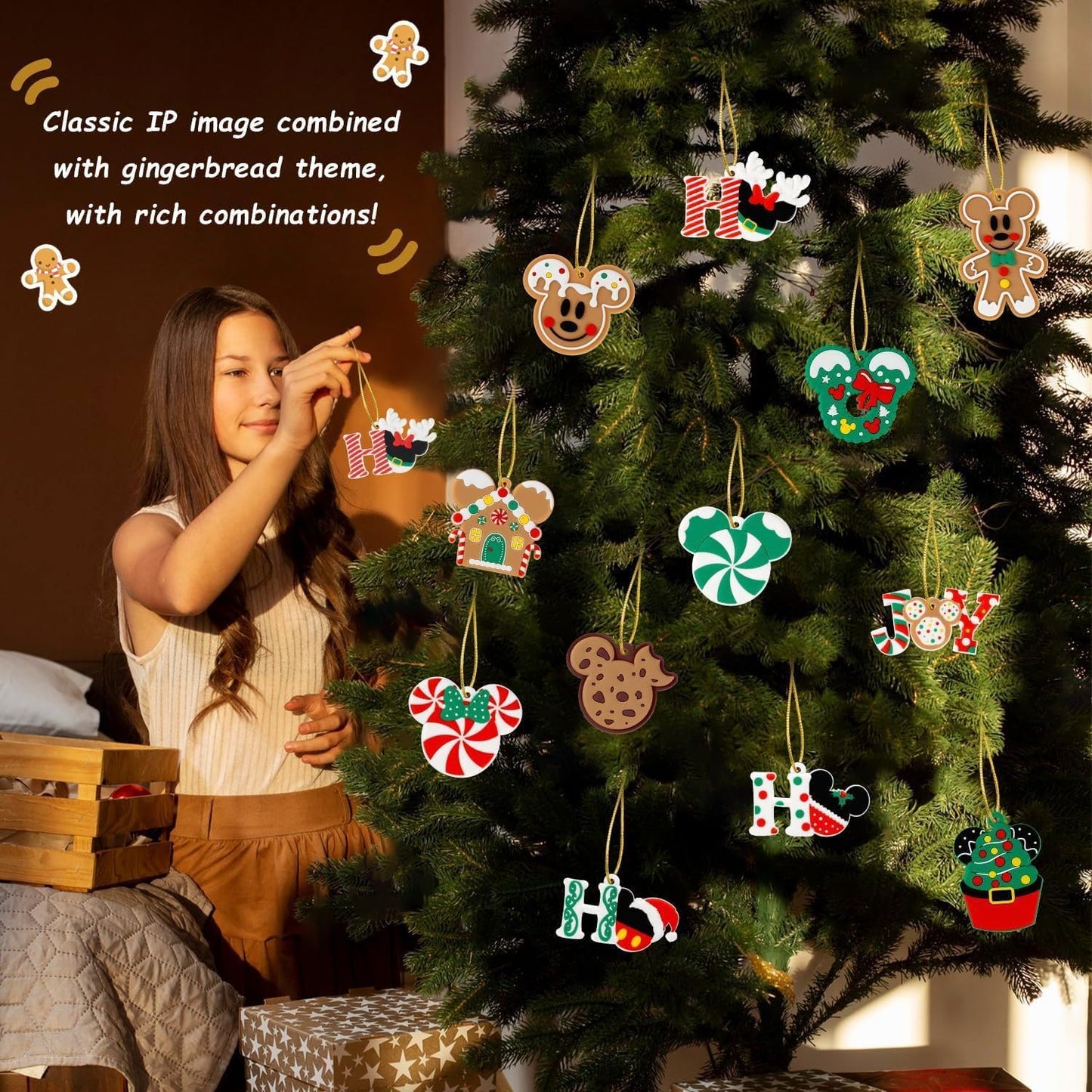 12 piezas de decoraciones navideñas con hilos finos dorados, adornos de ratón de madera para árboles de fiestas navideñas, decoraciones de fiesta para colgar en árbol, hogar, chimenea (verde)