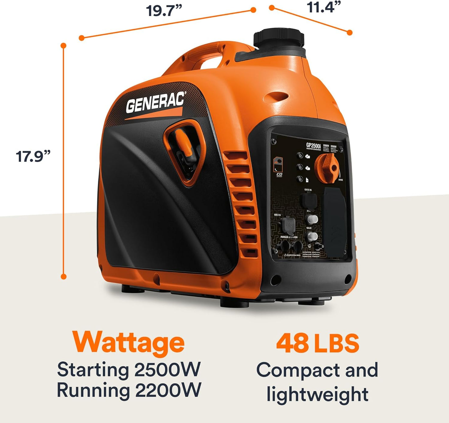 Generac 8251 GP2500i 2,500 Watt Gas Powered Portable Inverter Generator - Compact and Lightweight Design - Produces Clean and Stable Power - COsense Technology - CARB Compliant - Orange/Black