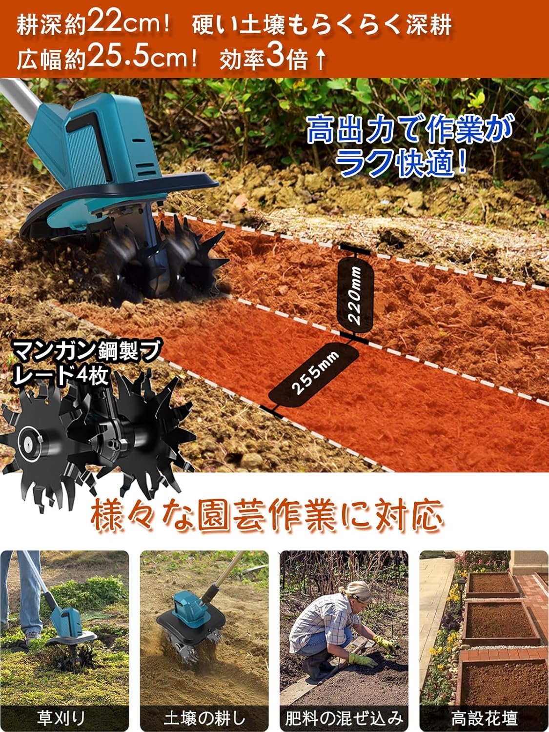 Electric Tiller, Cordless Rechargeable Tiller, Household Use, 850 W Powerful Brushless Motor, 4 Blades (Tilling Width 10.0 inches (25.5 cm), Tilling Depth 8.7 inches (22 cm), 18 V Compatible, Electric