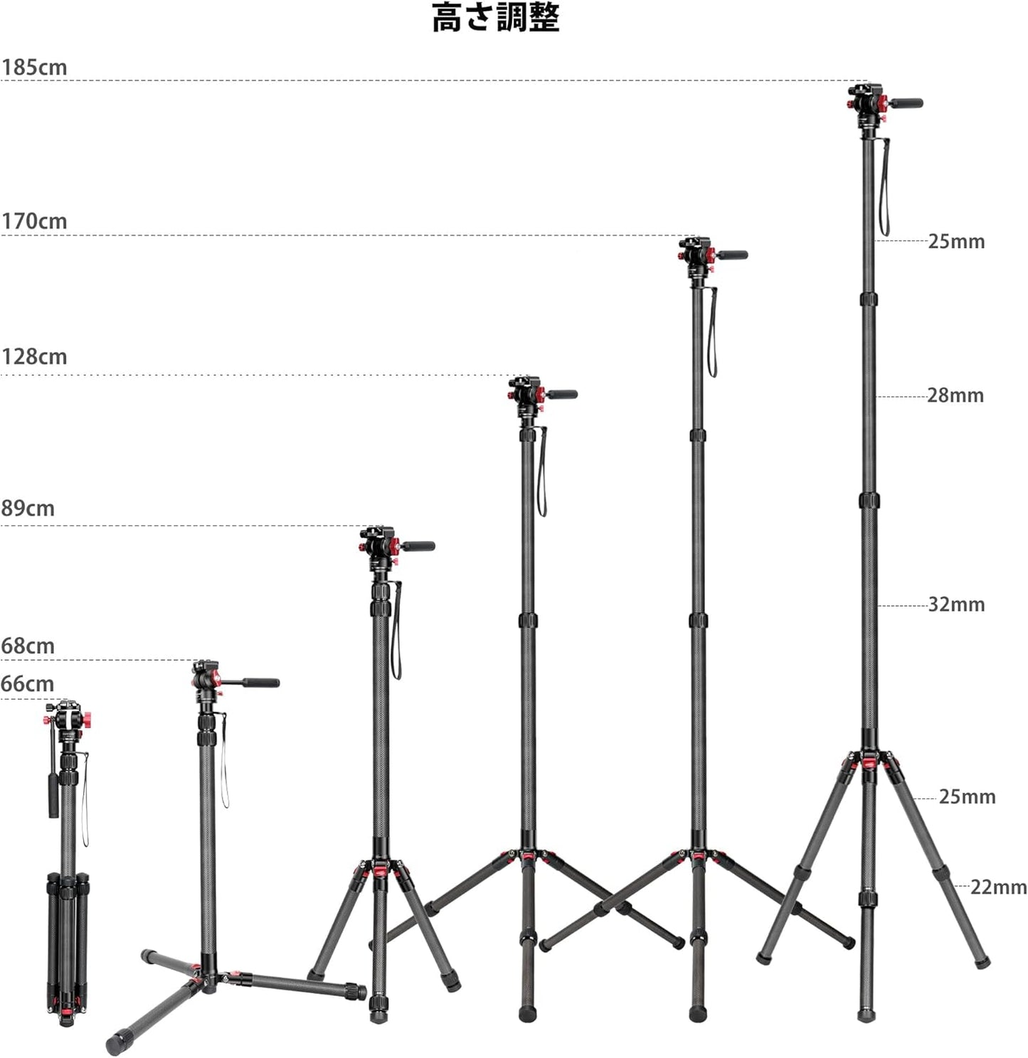 Koolehaoda Camera Tripod Carbon Fiber Monopod Lightweight 3 Level Telescopic Height 185cm Detachable Tripod Base with Video Head Max Load Capacity 15kg for DSLR/Canon/Nikon/Sony Camcorders