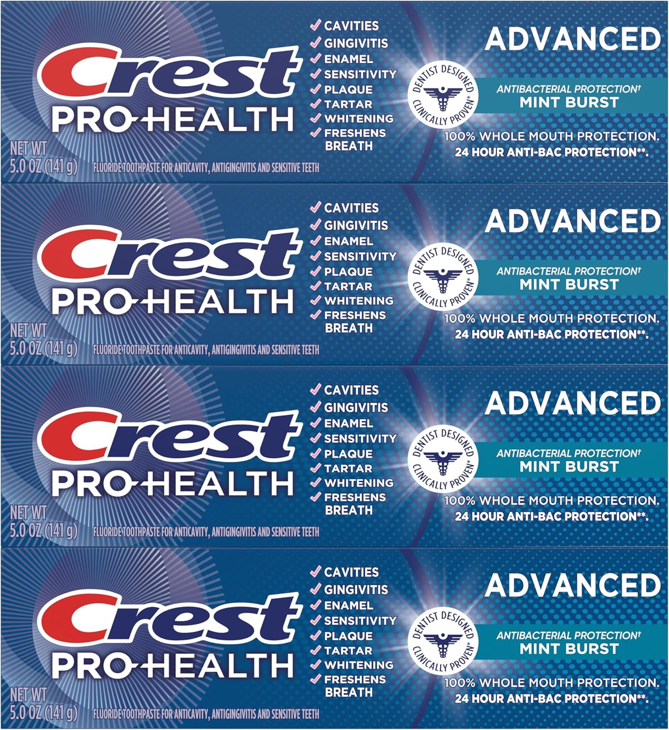 Crest Pro-Health Pasta dental con protección antibacteriana avanzada - Paquete de 4, tubos de 5 onzas
