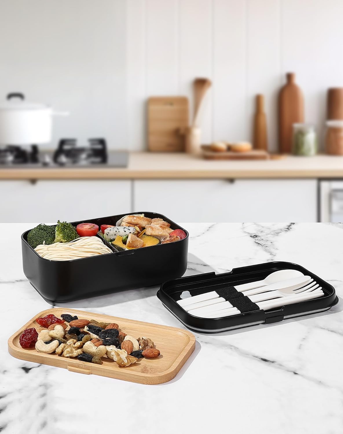 Premium Bento Box for Men 1000ml Lunch Box Large Capacity Salad Black Bamboo Valve Seal Adjustable Dividers Dishwasher Microwave Safe 1 Tier 5 Colors Simple Stylish Easy