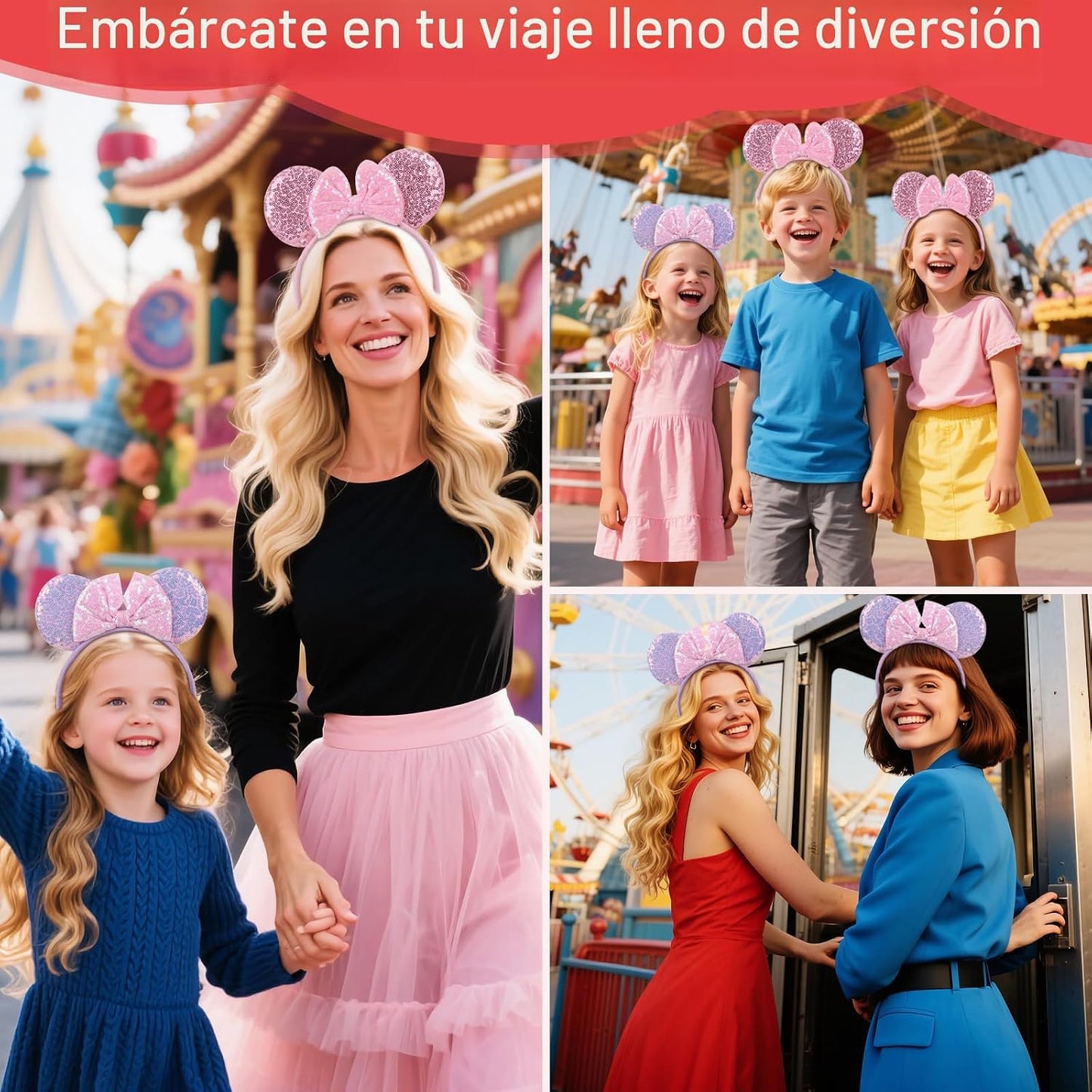 Paquete de 2 diademas de orejas de ratón rosa y morado para mujeres y niñas, diadema de lazo de lentejuelas para cosplay, disfraz de cumpleaños, decoración de fiesta de cumpleaños, accesorios para el cabello