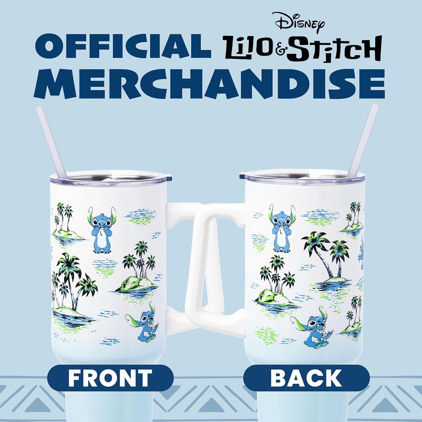Silver Buffalo Disney Lilo and Stitch - Vaso de acero inoxidable de doble pared con asa y pajilla, diseño vintage, palmeras y flores, se adapta al portavasos estándar, 40 onzas
