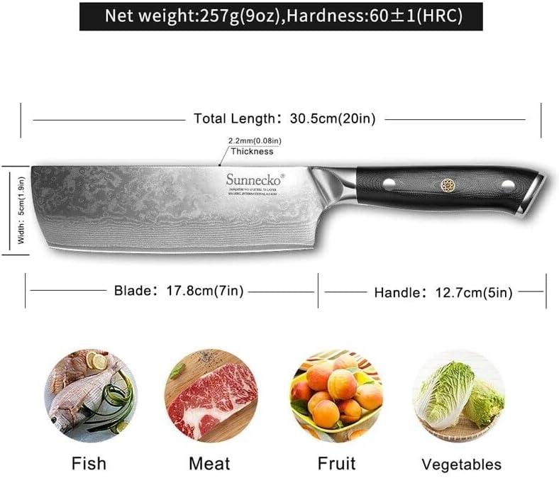 Sunnecko VG-10 Nakiri Knife, Damascus Knife, 7.1 inches (180 mm), 73-Layer, Vegetable Knife, Stainless Steel, Double-Handed, Meat Cut, Rust-Resistant, 7.1 inches (180 mm)