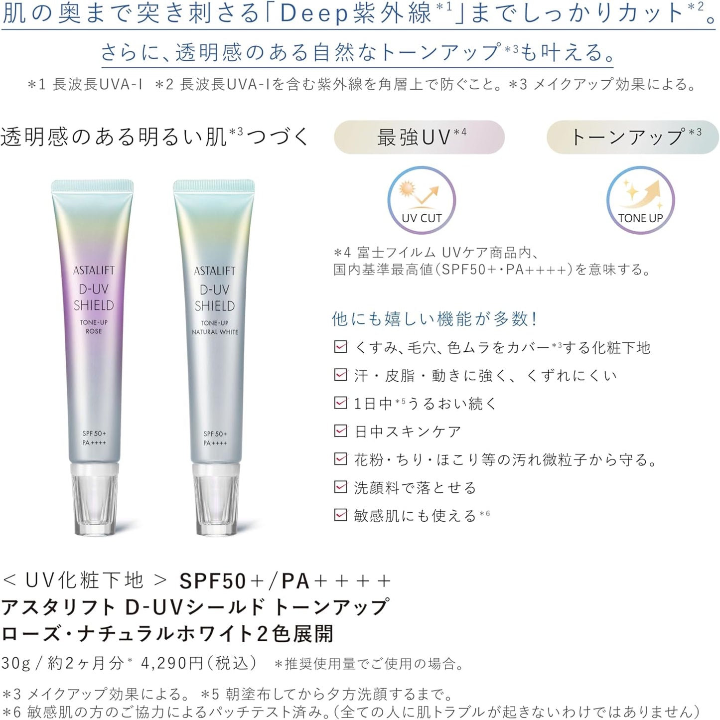 Astalift UV Makeup Base (SPF50+ PA++++) D-UV Shield, Tone Up, Natural White, 1.1 oz (30 g) [Official Store Limited] 0.1 oz (4 g) Mini Set of 2