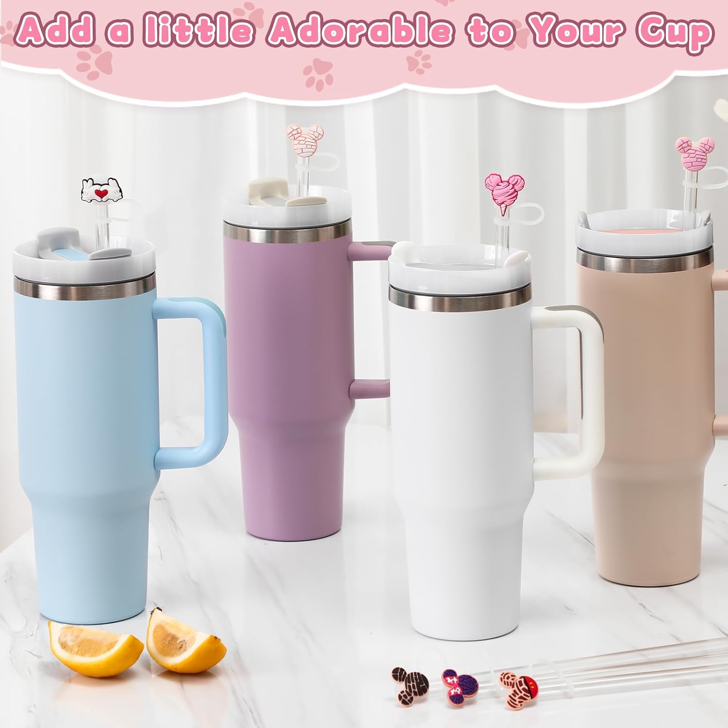 9 cubiertas de pajita para vaso Stanley Tumbler de 30 oz / 40 oz, tapas de pajita a prueba de fugas de 10 mm de silicona, lindas cubiertas para accesorios de vaso Stanley - Ratones rosados - 9 piezas