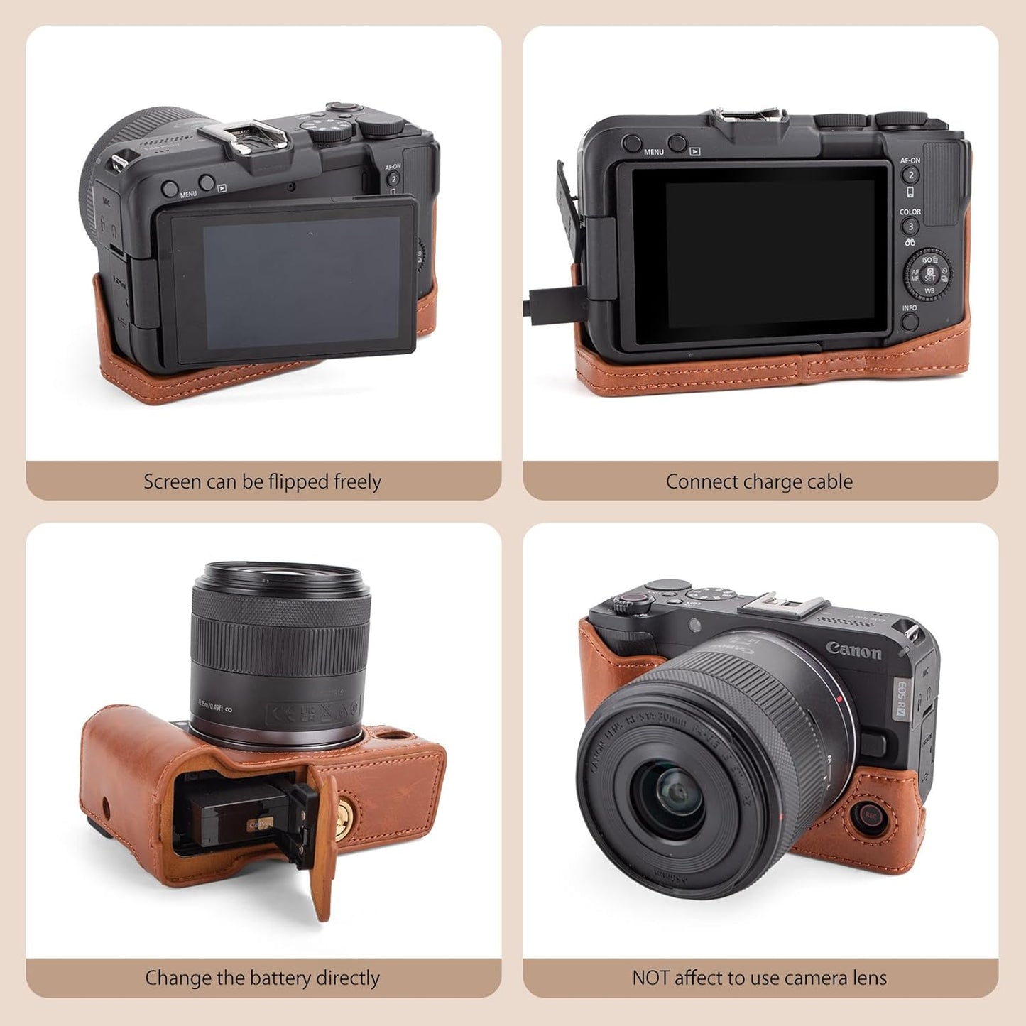 MUZIRI KINOKOO Case for Canon EOS R50 V Camera PU Leather Protective Cover for EOS R50 V/R50V Digital Camera with RF-S14-30mm Lens Detachable Carrying Case with Adjustable Shoulder Strap, Braun