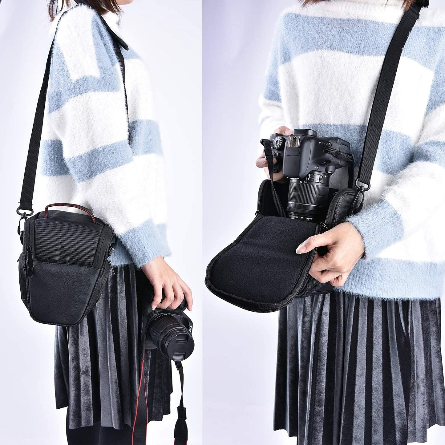 FOSOTO, Shoulder Camera Bag for Canon, Nikon, Sony, PU Leather (Black)