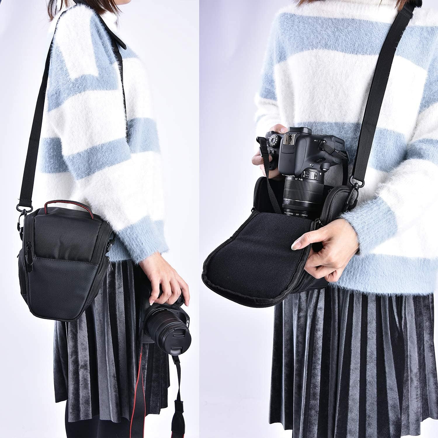 FOSOTO, Shoulder Camera Bag for Canon, Nikon, Sony, PU Leather (Black)