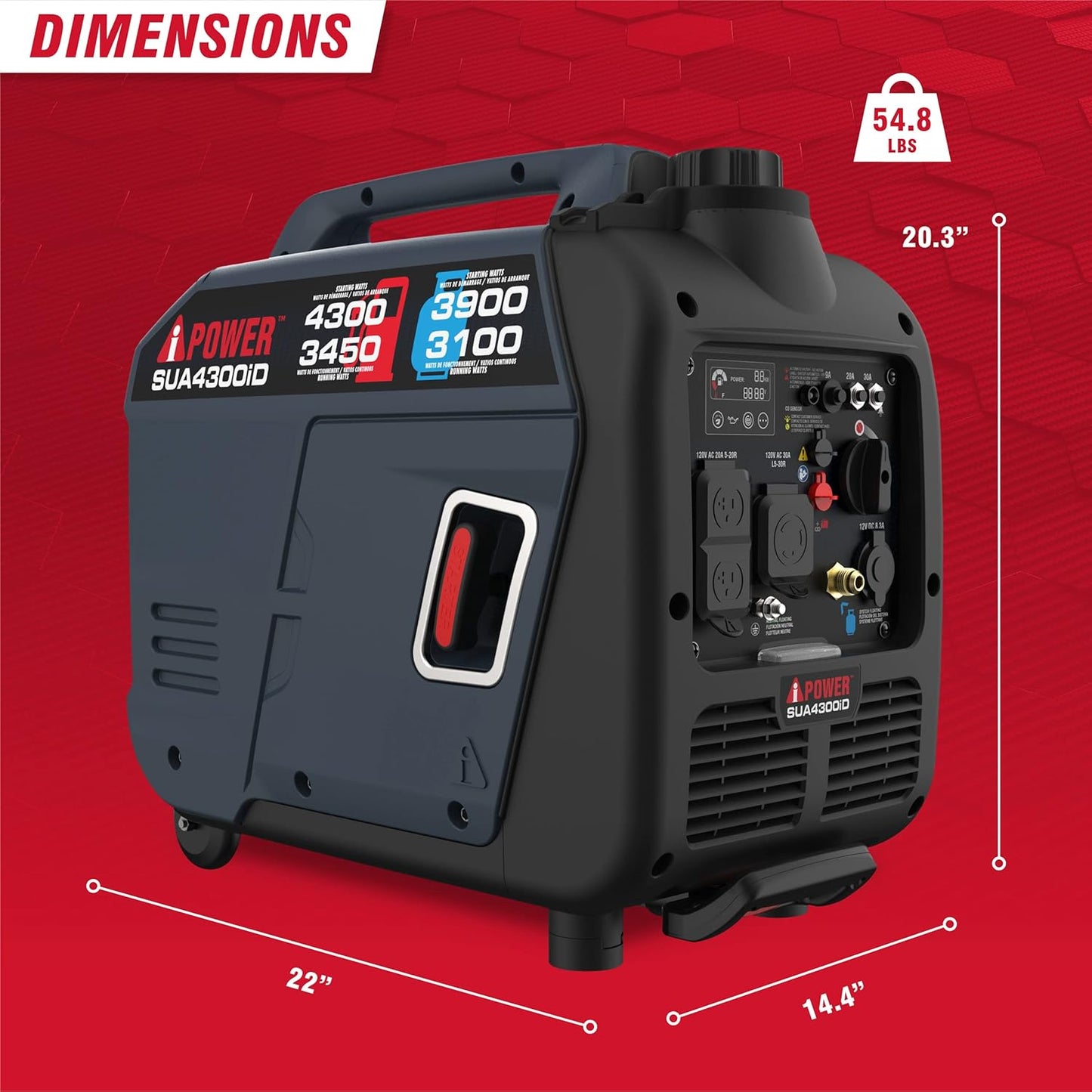 A-iPower Portable Inverter Generator, Dual Fuel, 4300W, RV Compatible, EPA & CARB Compliant, CO Sensor, Lightweight, Telescopic Handle, Home Backup, Tailgate & Camping (SUA4300iD)