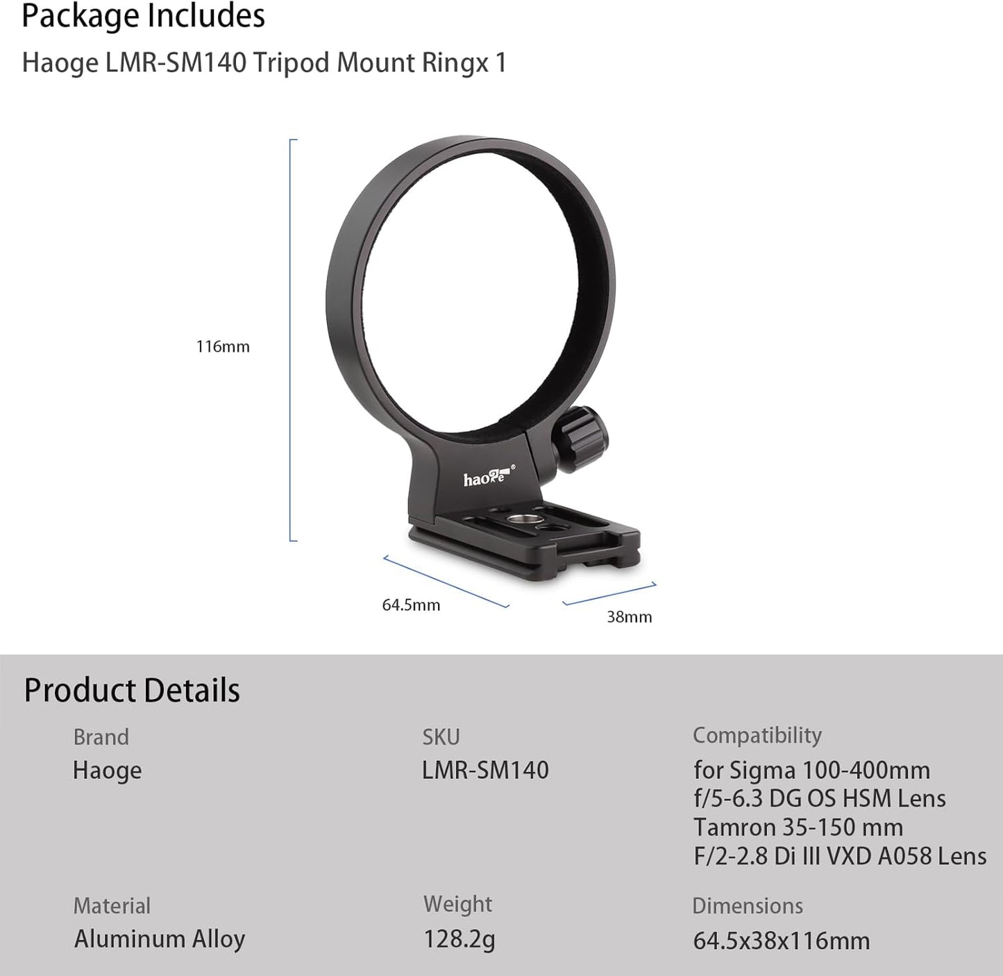 Haoge LMR-SM140 Ring Tripod Socket for Sigma 100-400mm f/5-6.3 DG OS HSM Contemporary Super Telephoto Zoom Lens Compatible with Arca-Swiss Plate Head