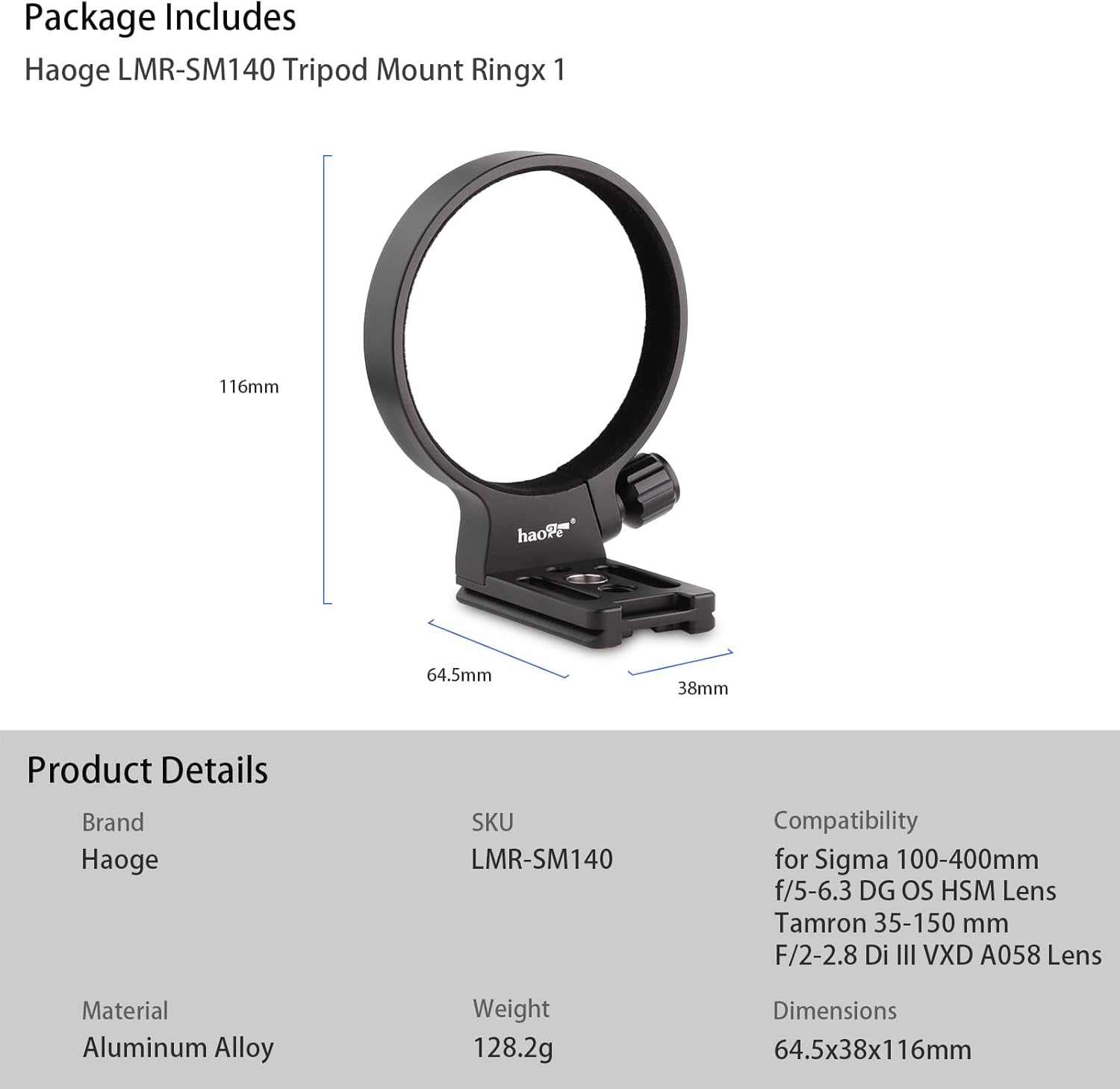 Haoge LMR-SM140 Ring Tripod Socket for Sigma 100-400mm f/5-6.3 DG OS HSM Contemporary Super Telephoto Zoom Lens Compatible with Arca-Swiss Plate Head