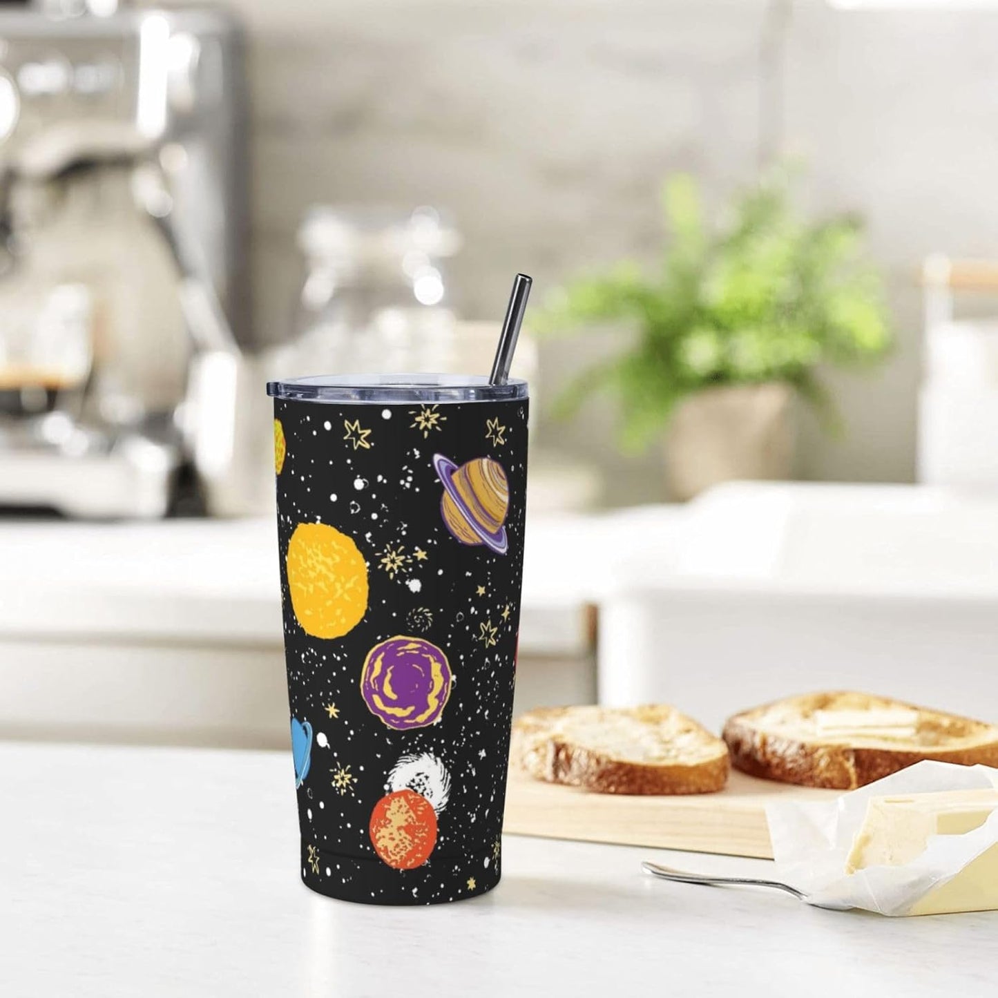 Space - Vaso de 20 onzas con tapa y popote para mujeres y hombres, taza aislada de planetas del sistema solar, diseño de estrellas, vaso de acero inoxidable dibujado a mano, vaso de acero