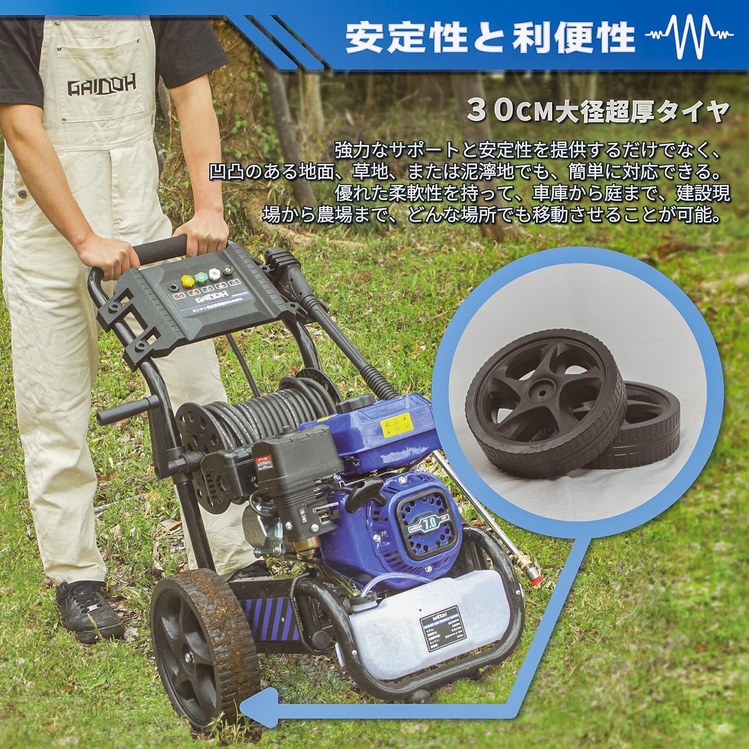Gaidohエンジン式高圧洗浄機セット組 24MPAガソリンエンジン7.0馬力 純銅製ポンプ9.5L/min 強力自吸 蛇口接続可 溜め水給水可 2L洗浄剤タンク付 給水機能付 標準5つの噴射パターン付 電源不要 初心者でも使用簡単 車輪付タイプ オートチック機能 水道直結 農機具 強力 洗浄 粗皮削り